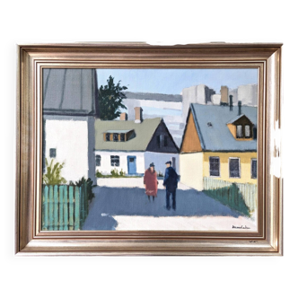 Mid-Century Modern Oil Painting "Neighbourhood Meet" Swedish Street Scene, Framed
