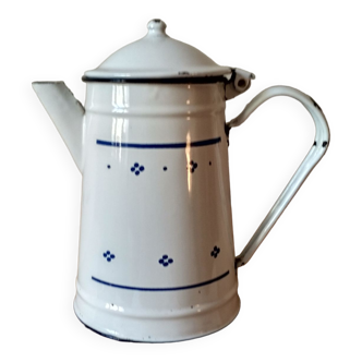 Ancienne cafetière  en métal émaillé bleu et blanc