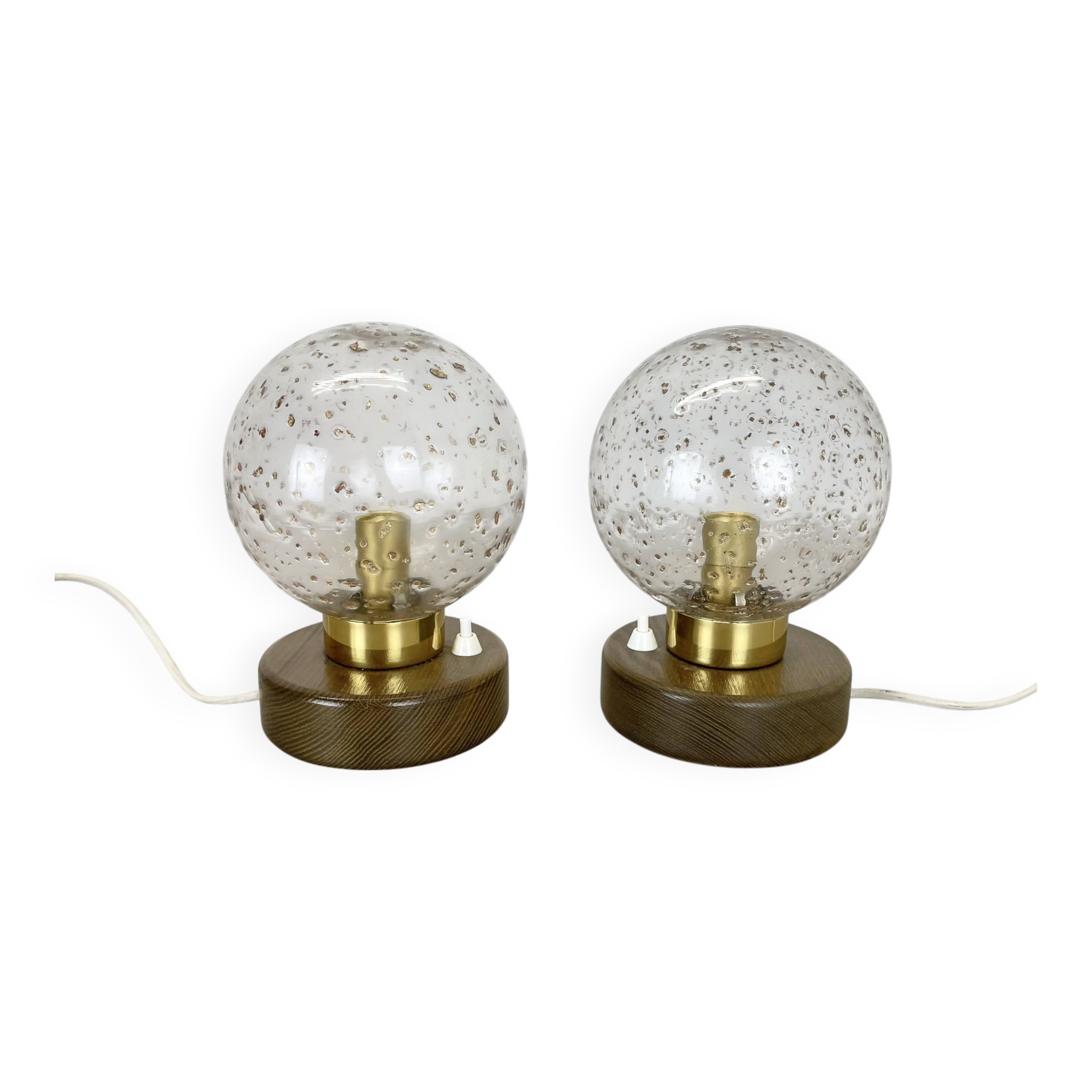 Set of 2 glass ball and oak Wooden Table Lights by Temde Lights, Germany 19