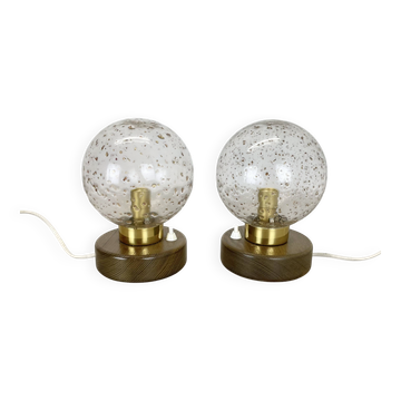 Set of 2 glass ball and oak Wooden Table Lights by Temde Lights, Germany 19