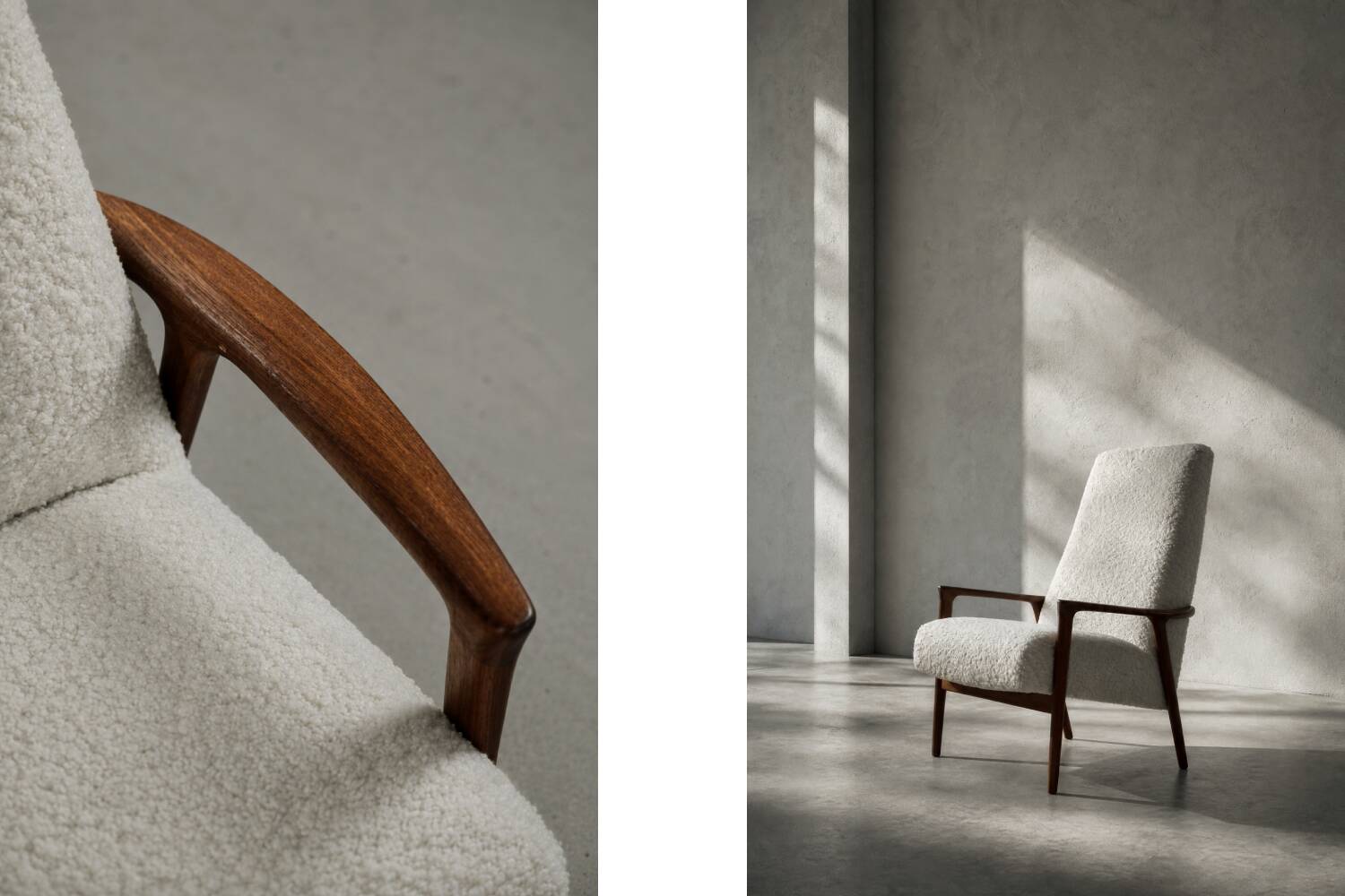 Vintage Mid-Century Scandinavian Modern White Boucle &Teak High Armchair