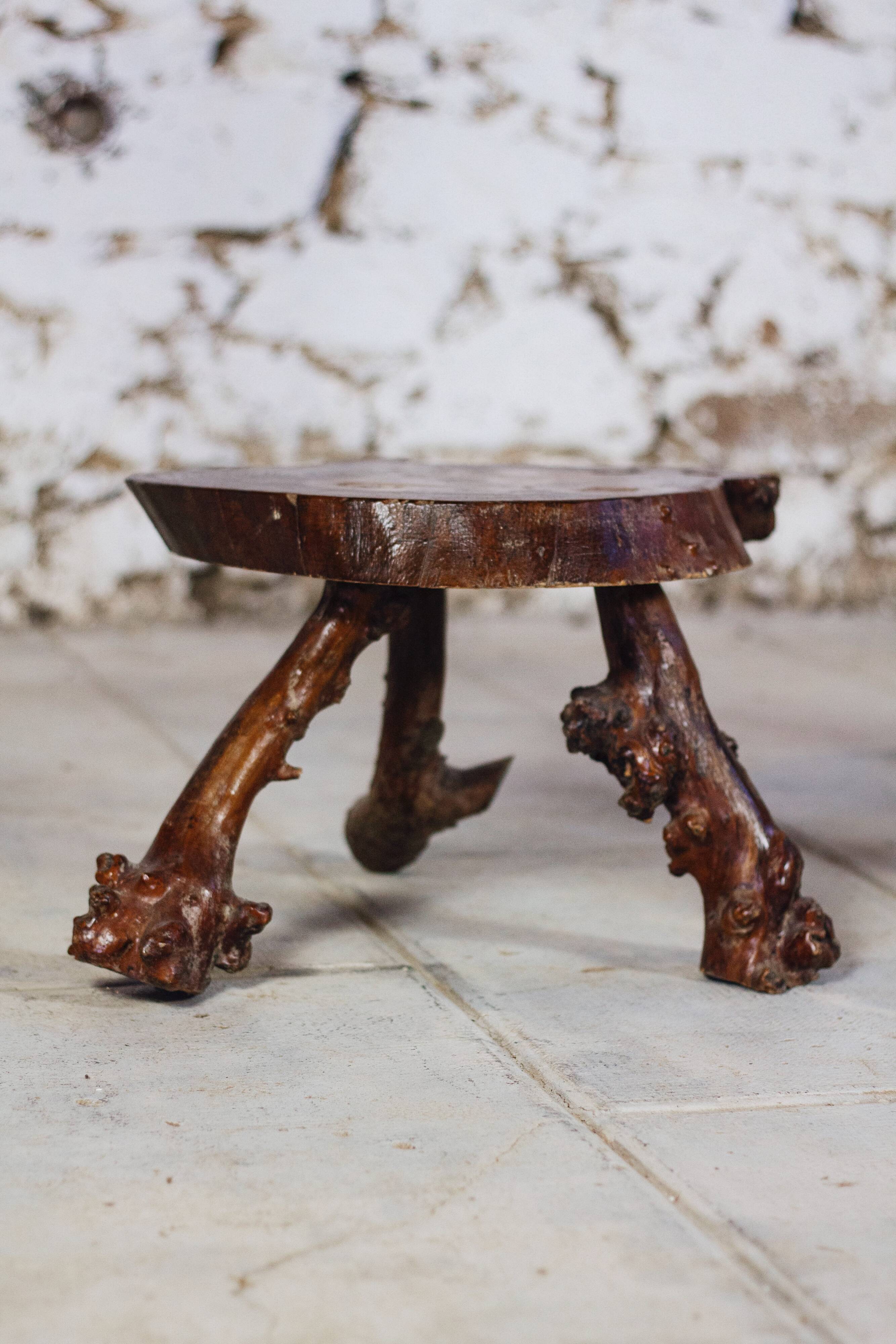 Brutalist solid wood tripod side table