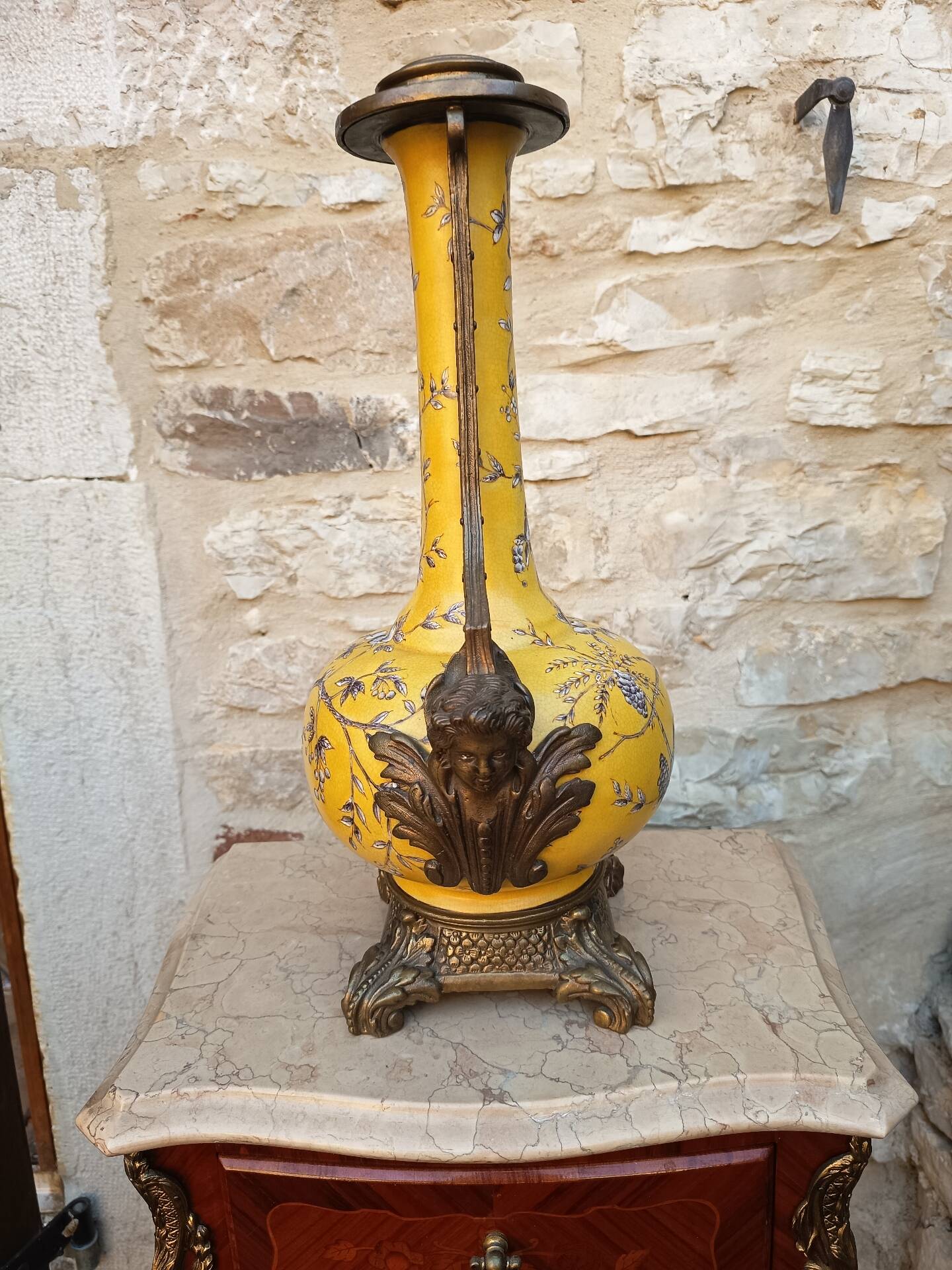 Large lamp base - 43 cm - yellow earthenware with polychrome glazes - 20th century