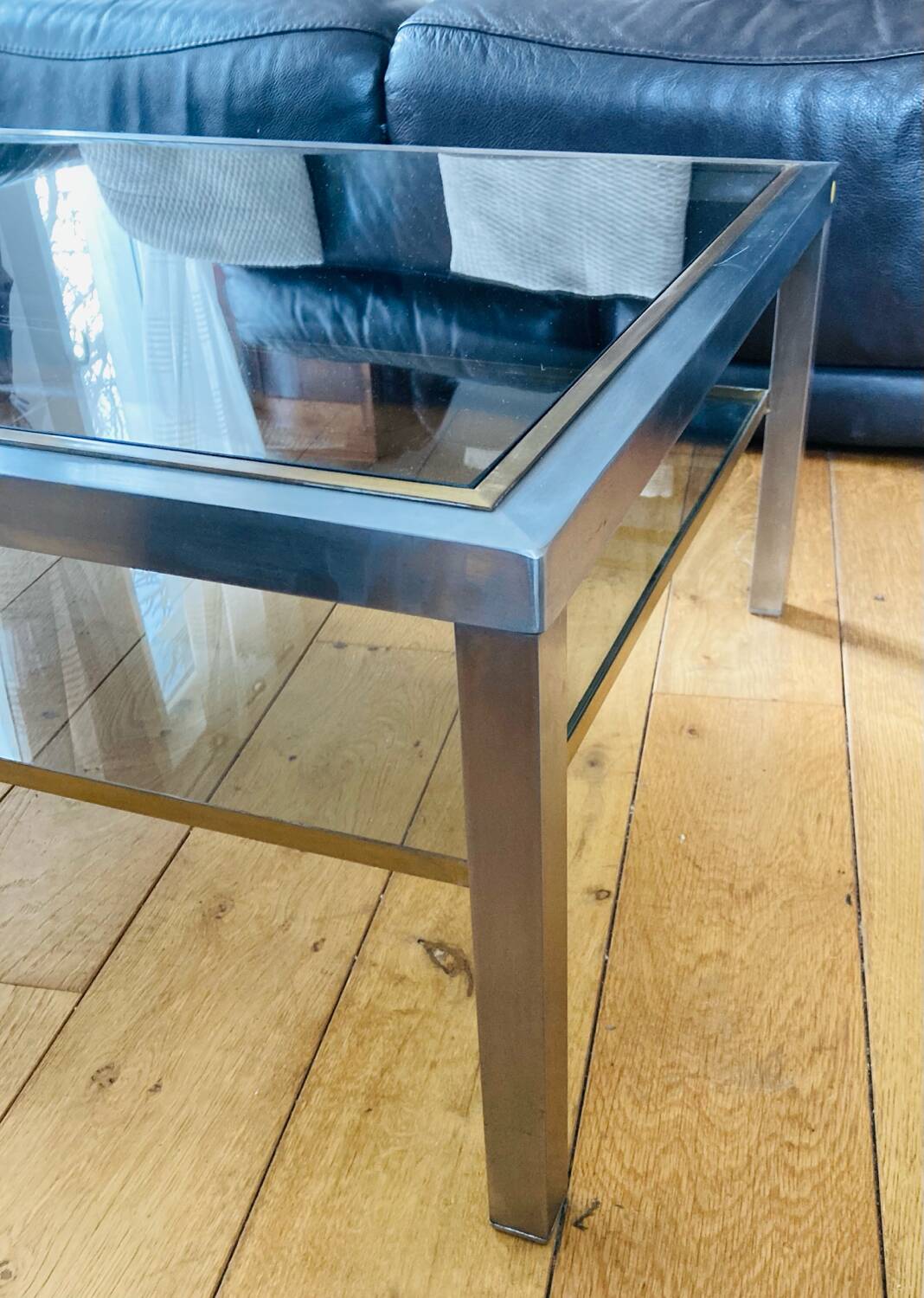 1970s coffee table in brushed metal, brass and smoked glass by Willy R
