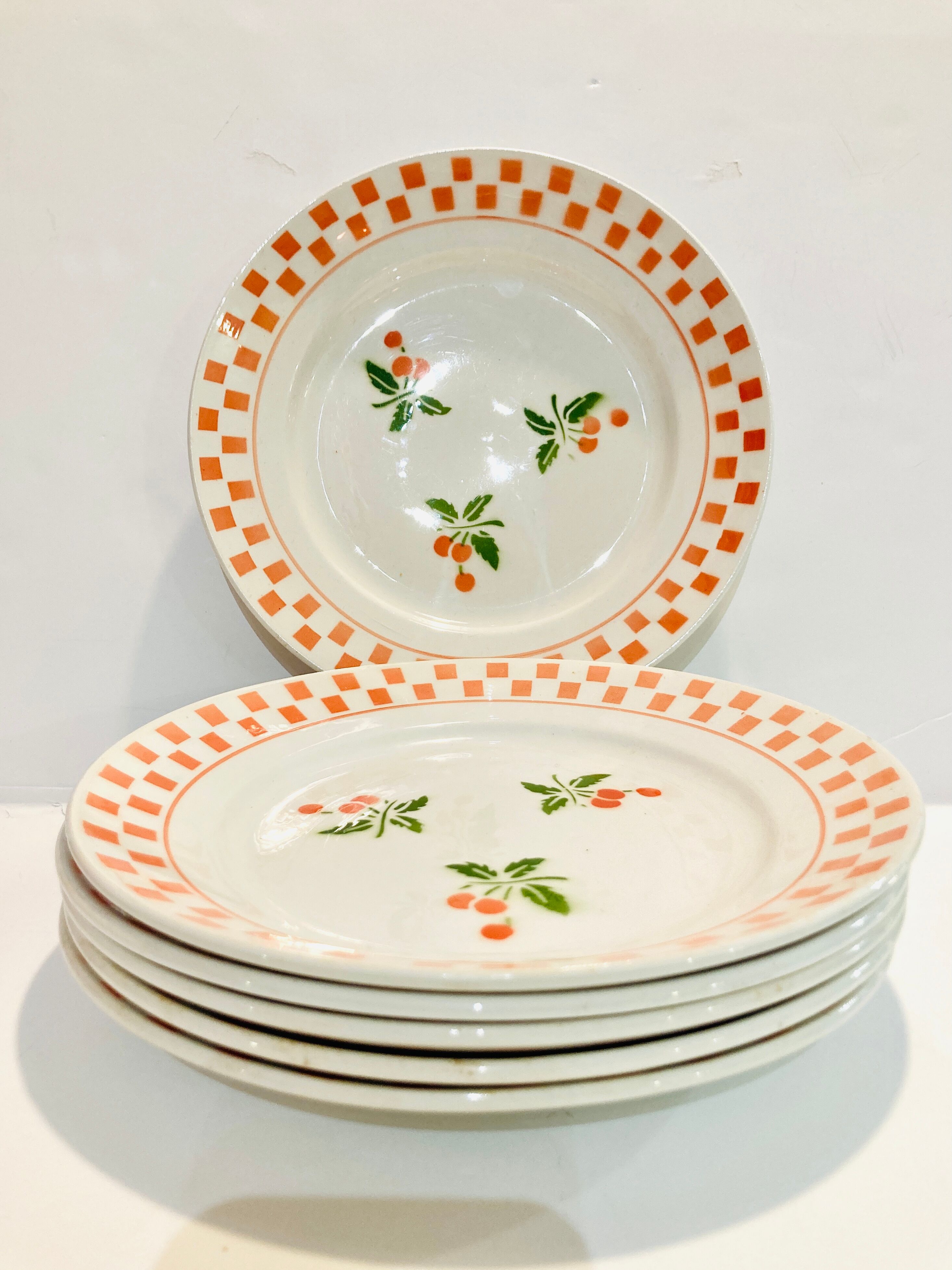 6 large plates in ecru ceramic pattern orchies- moulins des loups -retro-vintage-kitchen