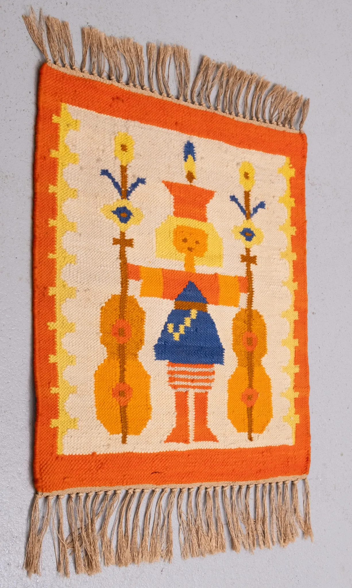 Polish Hand Knotted Square Wall Tapestry ''Musician'' 1960s Poland