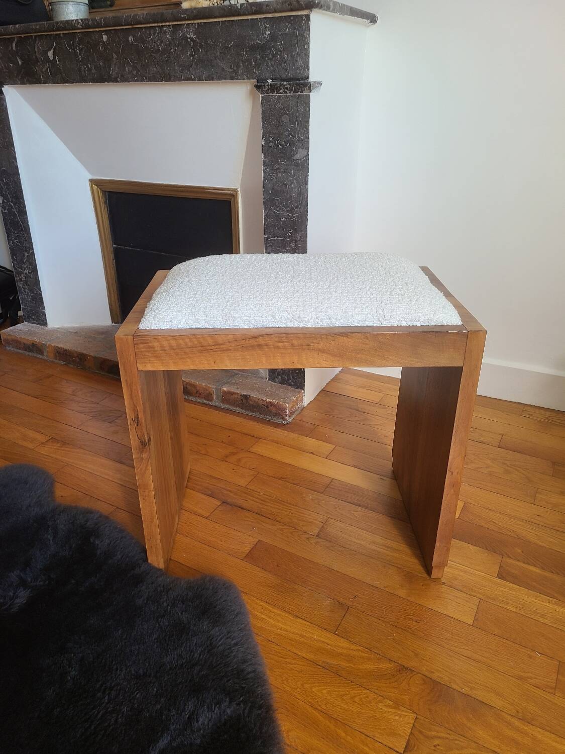 Antique Art Deco piano bench stool rosewood white bouclette fabric