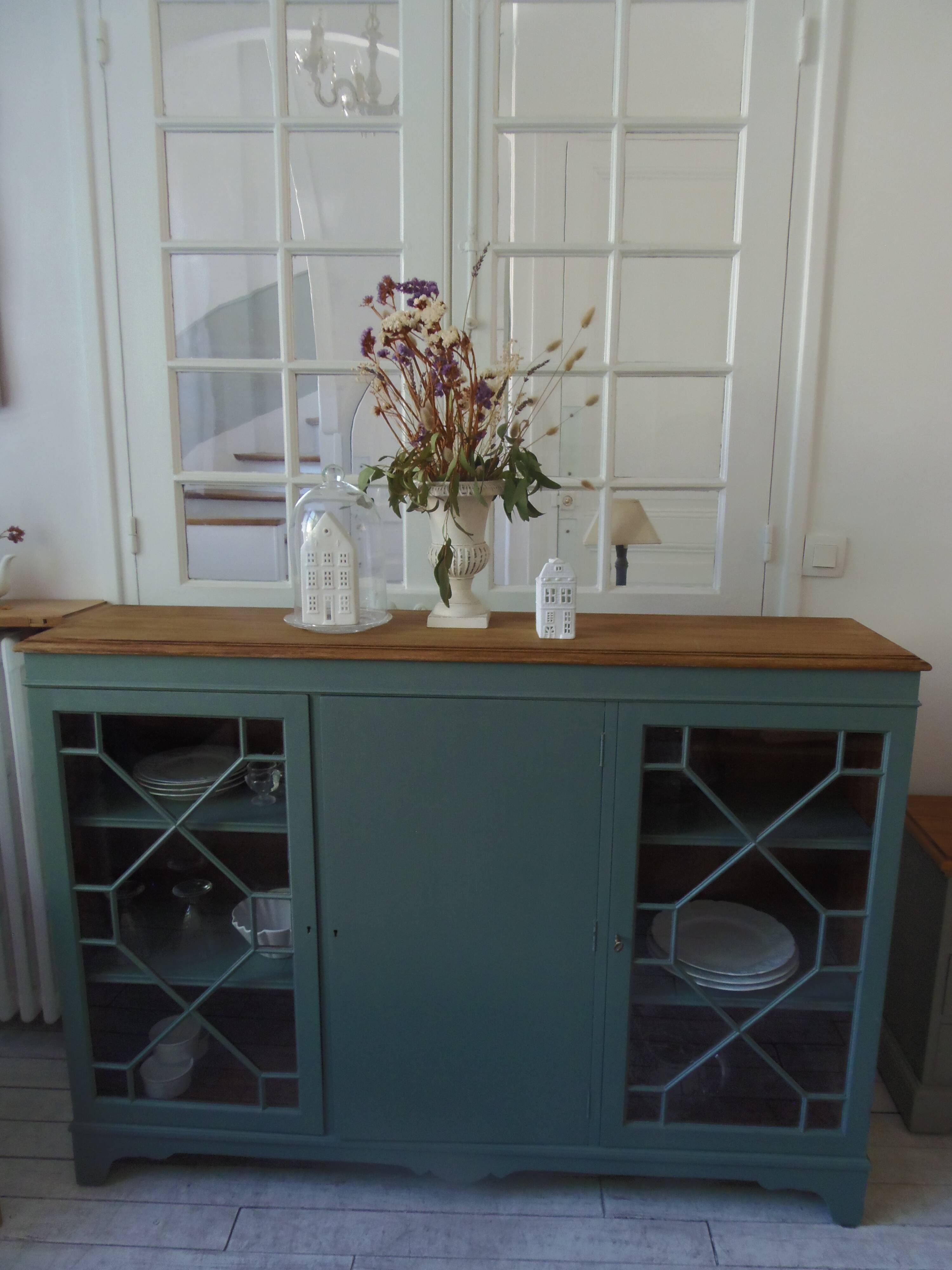English sideboard, shallow, smoky green, wooden top.