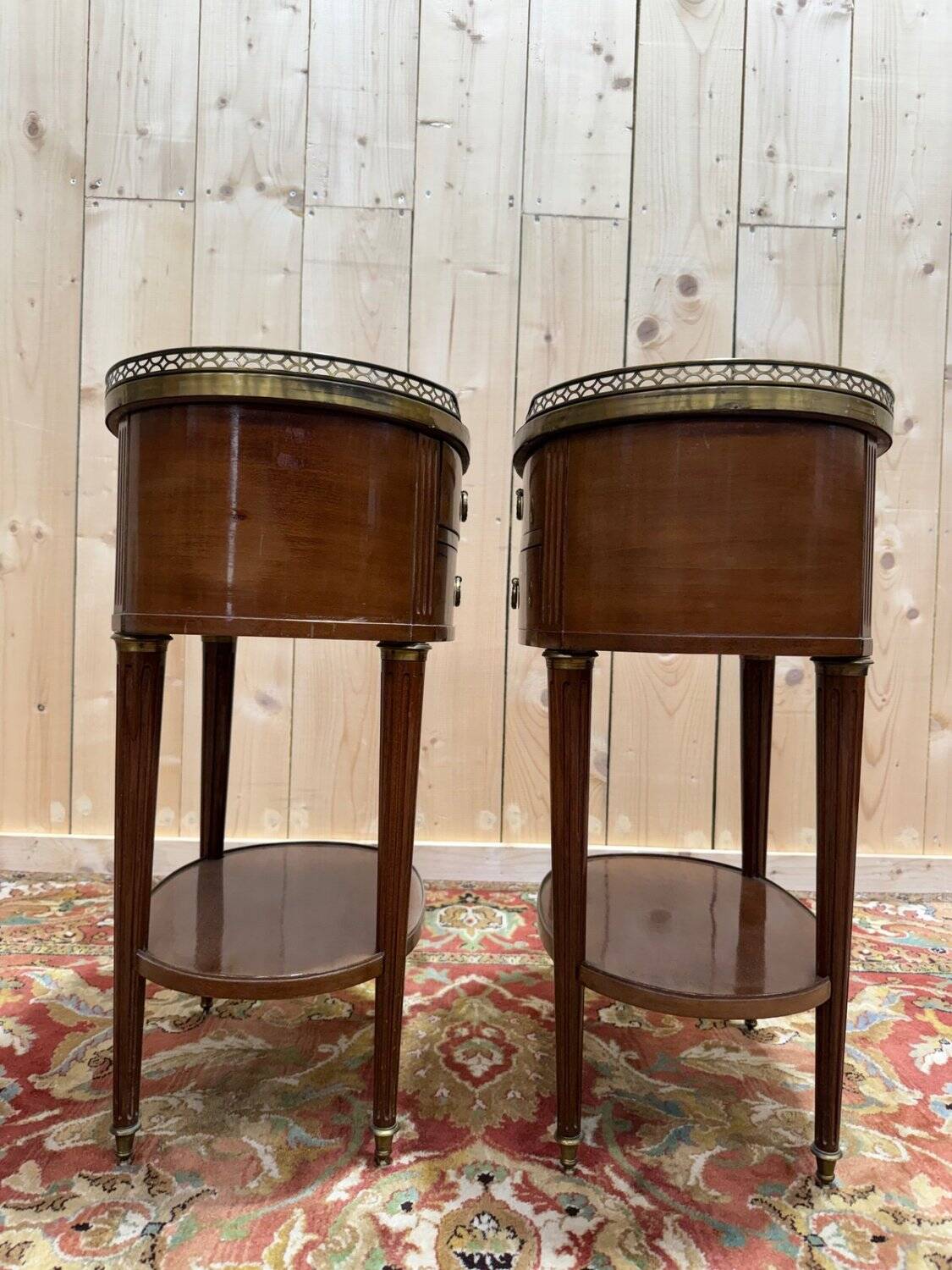 Pair of Louis XVI drum bedside tables in solid mahogany and marble.