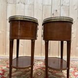 Pair of Louis XVI drum bedside tables in solid mahogany and marble.
