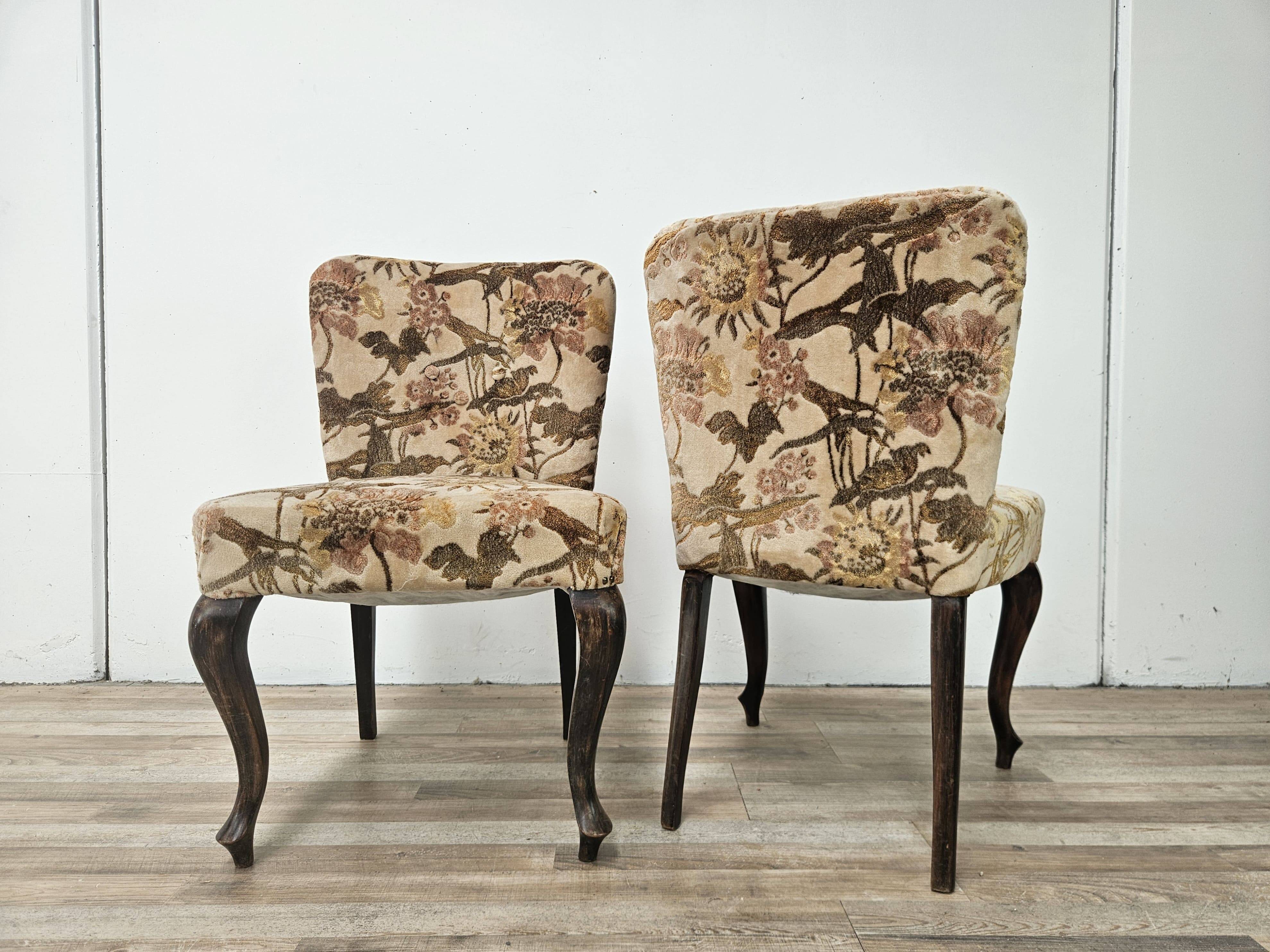 Pair of bedroom armchairs in walnut and fabric, 1960