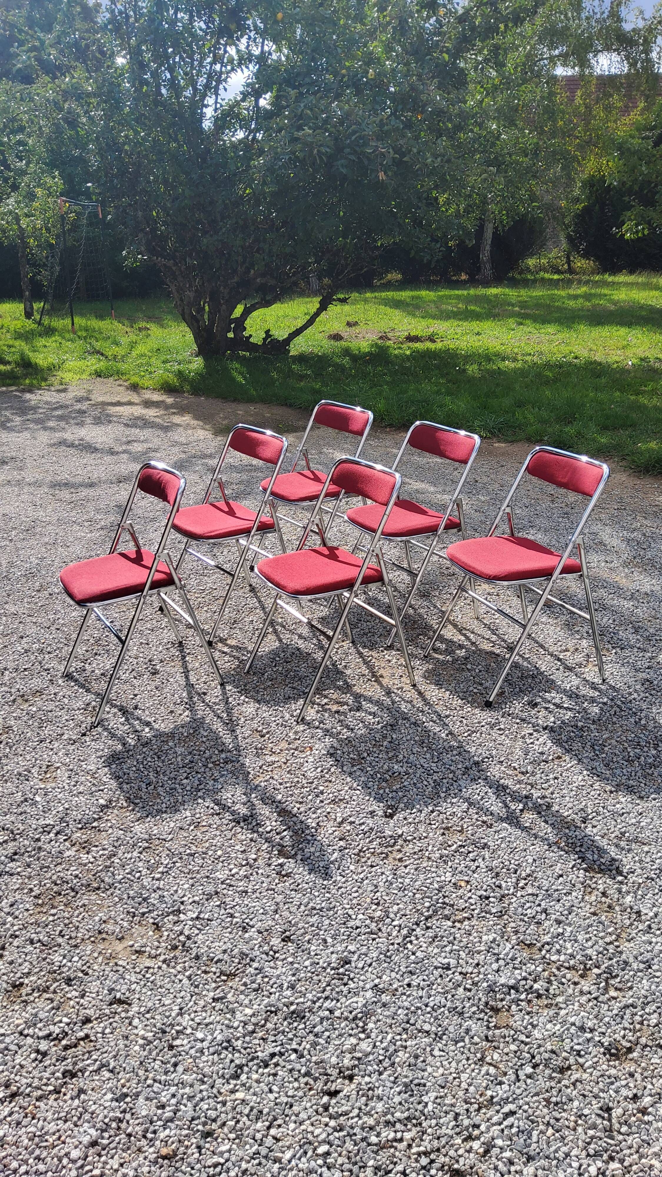 Set of 6 folding chairs from the 70s tweed and chrome metal