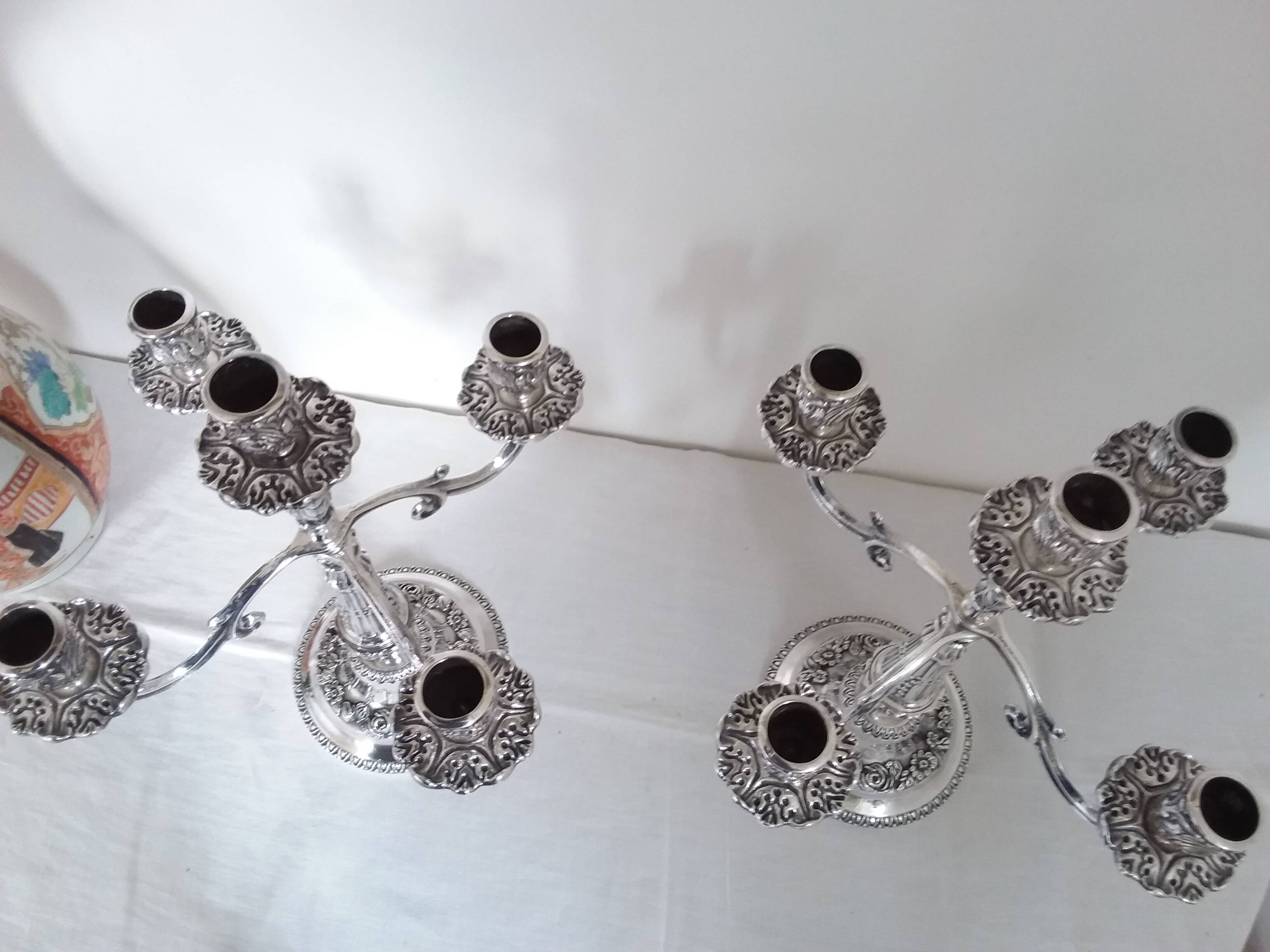 Pair of silver-plated bronze candelabra with 5 light arms.