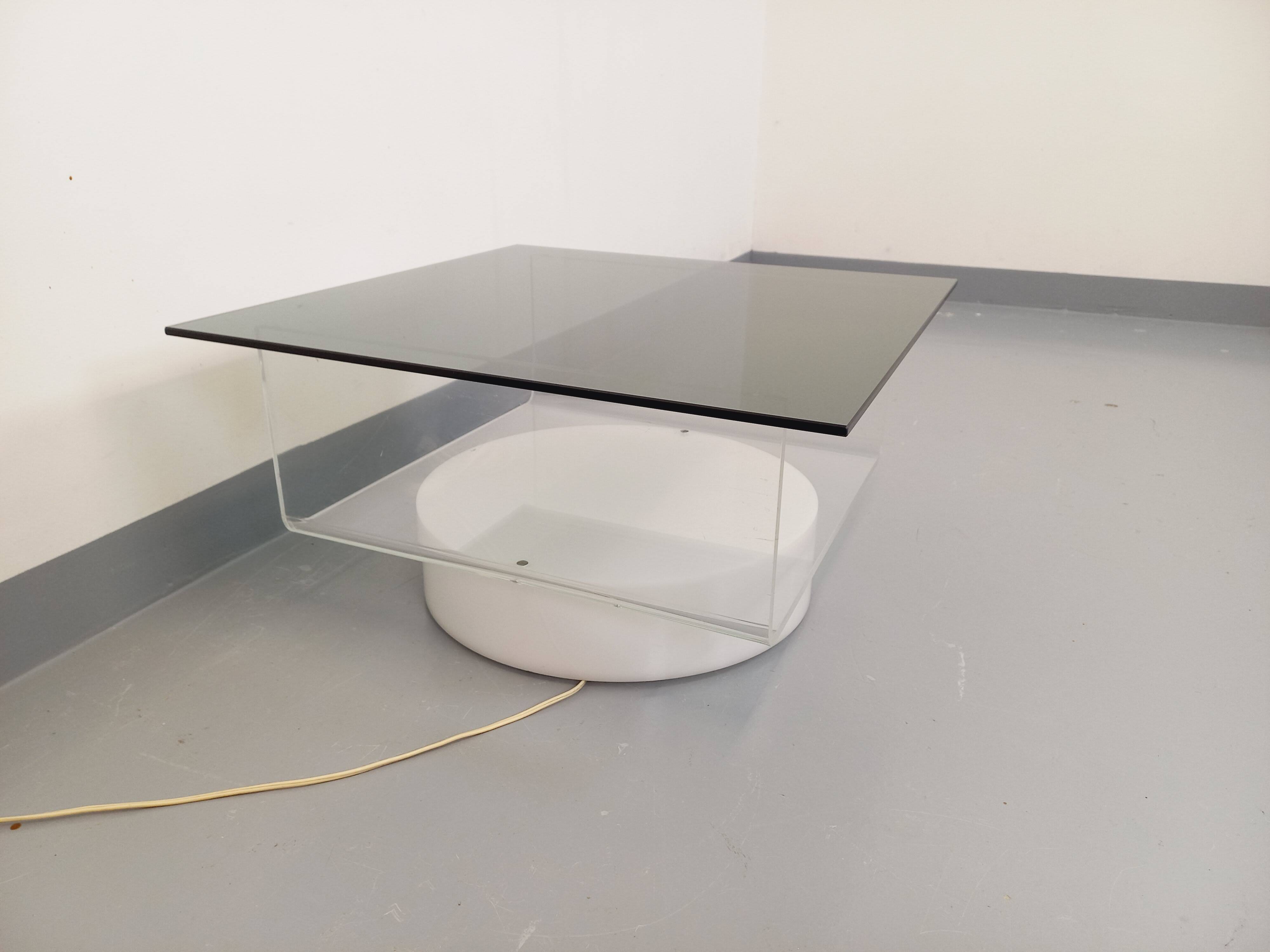 Vintage Italian square illuminated coffee table in glass and plexiglass