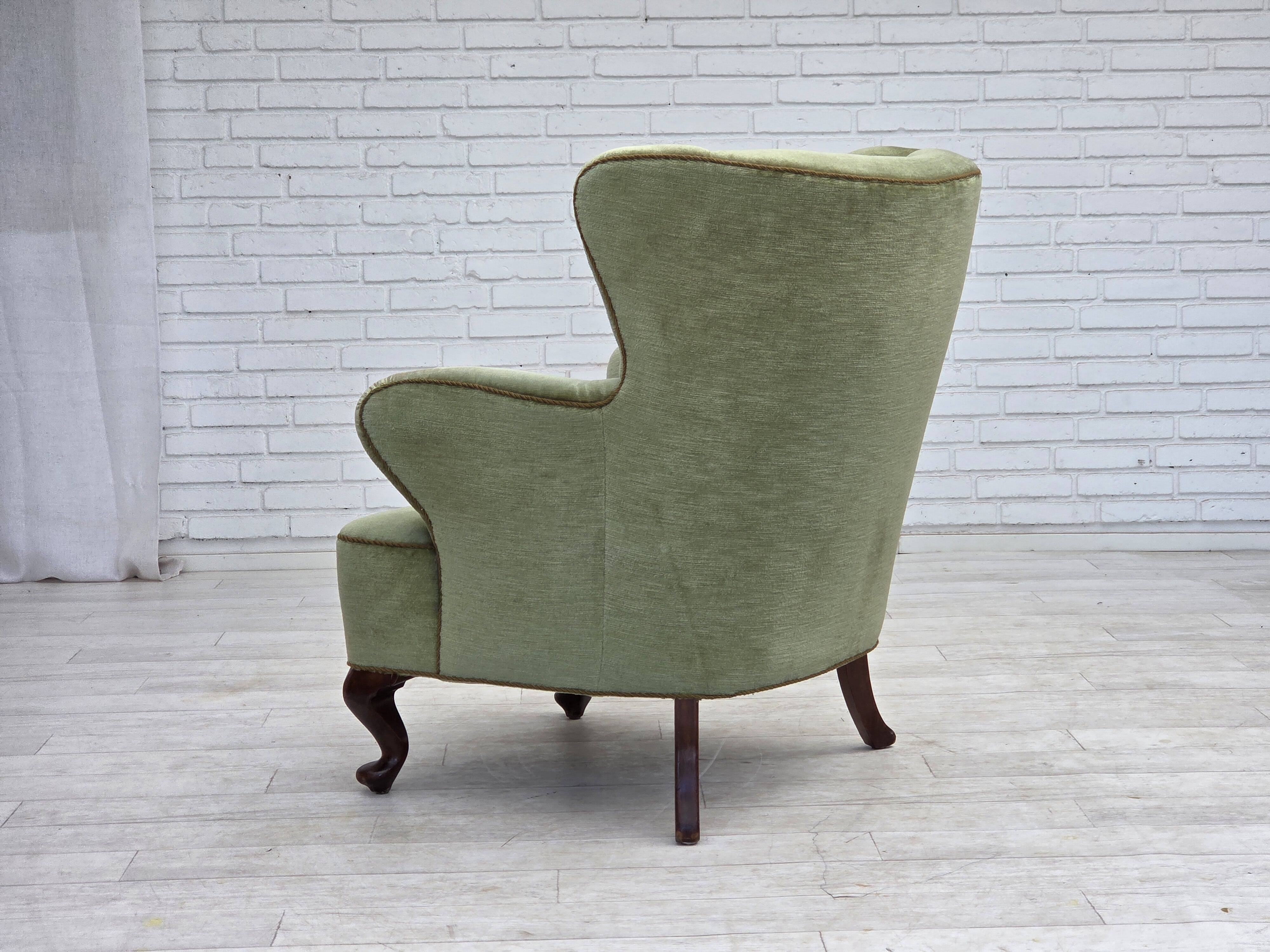 1960s, Scandinavian armchair, green furniture velour, oak wood legs.