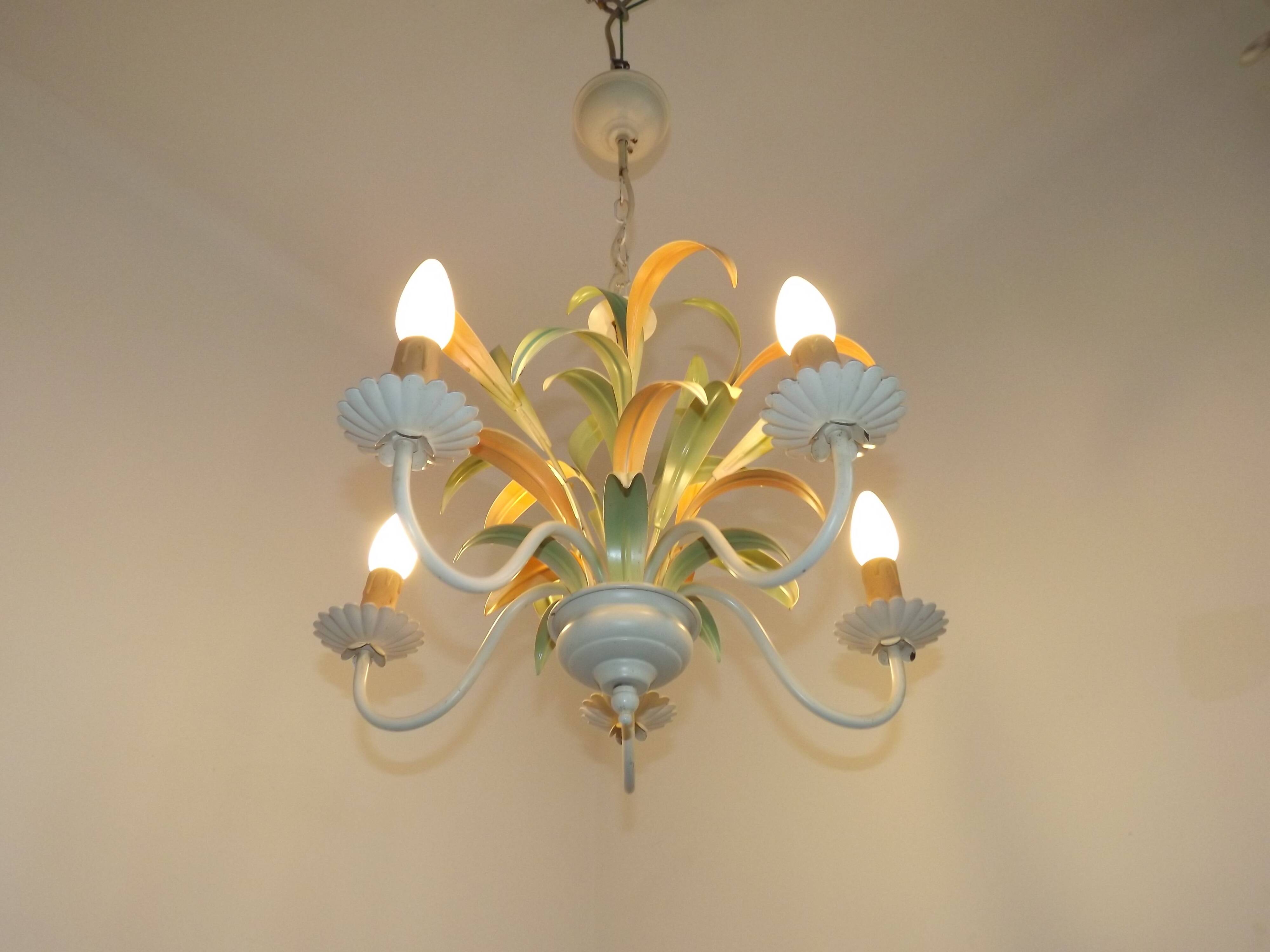 French Vintage Cream 5 Light Metal Chandelier Green and Peach Leaves