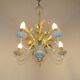 French Vintage Cream 5 Light Metal Chandelier Green and Peach Leaves