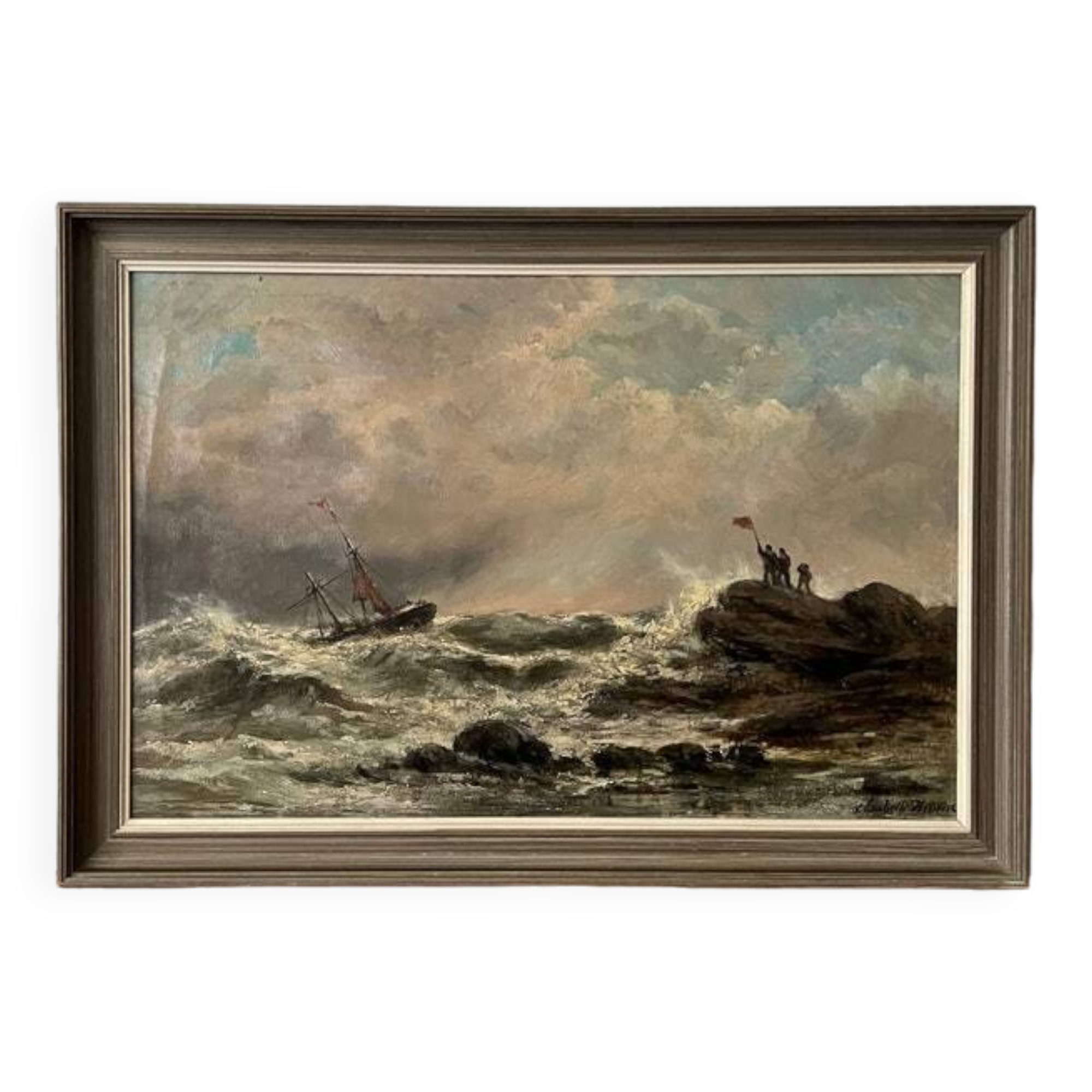 Peinture à l'huile de grand voilier vintage du milieu du siècle
