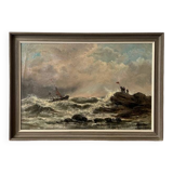 Peinture à l'huile de grand voilier vintage du milieu du siècle