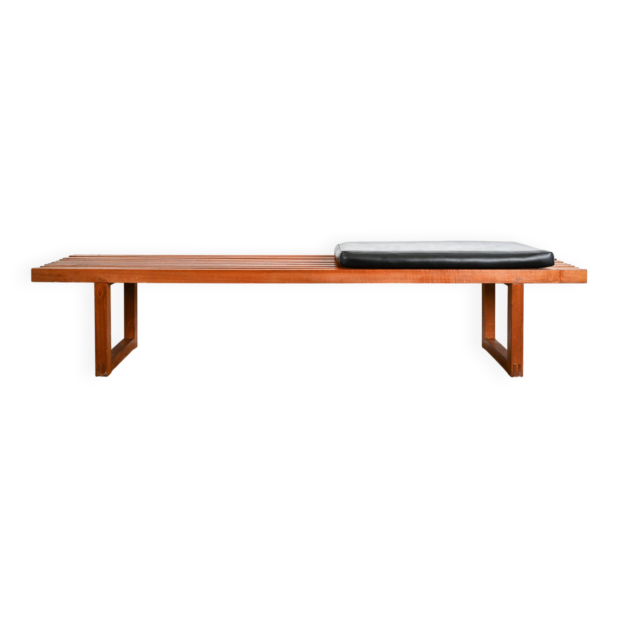 Teak bench with black leatherette seat cushion Origin Denmark years