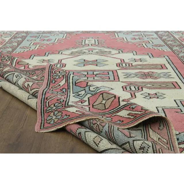 1970s vintage Turkish Oushak handmade wool cotton pink area rug 190x245