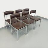 Set of 6 vintage chairs from the 70s in chrome metal and brown faux leather.
