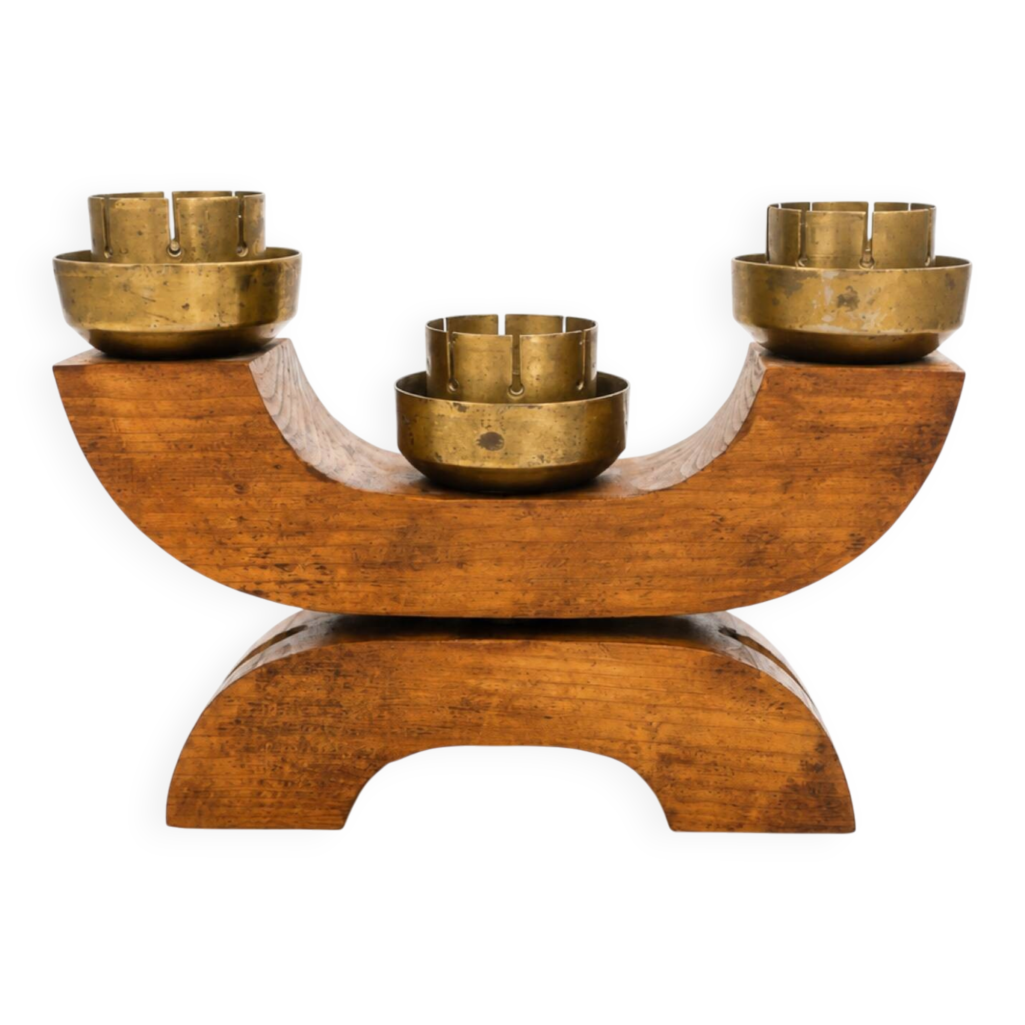 Vintage Art Deco Wooden Candle Holder Mid-Century Sculptural Brass Can