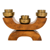 Vintage Art Deco Wooden Candle Holder Mid-Century Sculptural Brass Can