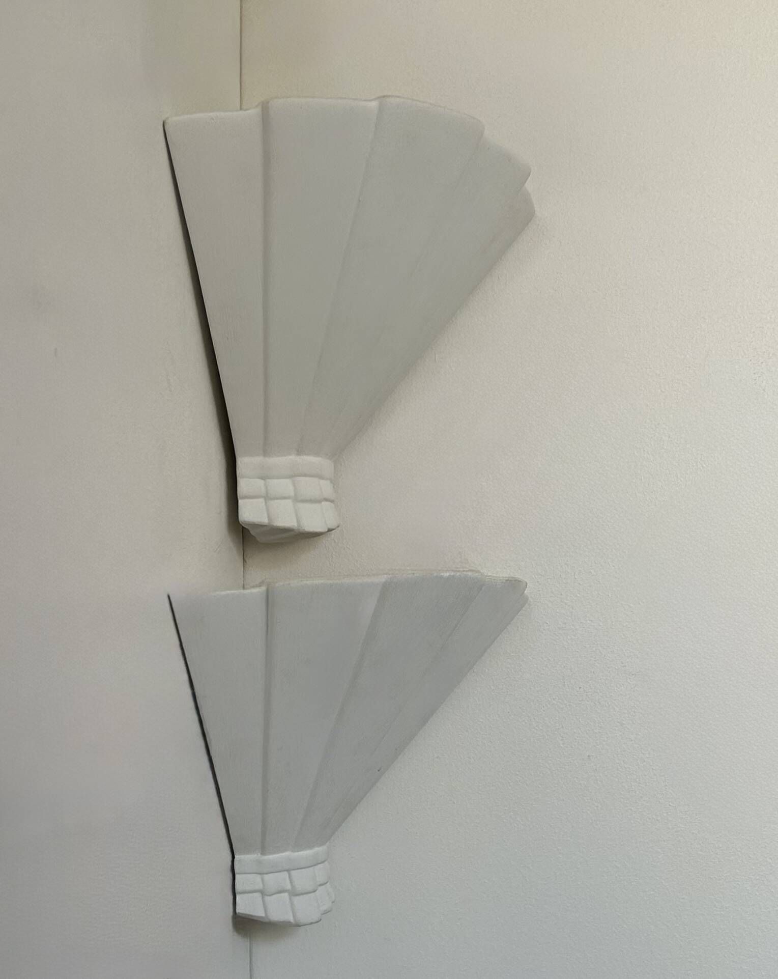 Pair of vintage corner wall lights, matte white plaster, France, 1970.