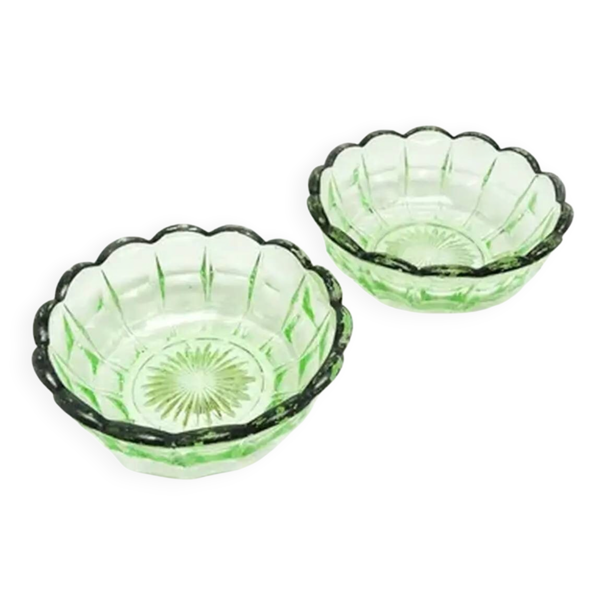 Paire de coupes à dessert Art Déco, verre uranium, Verrerie Niemen, Pologne, années 1930