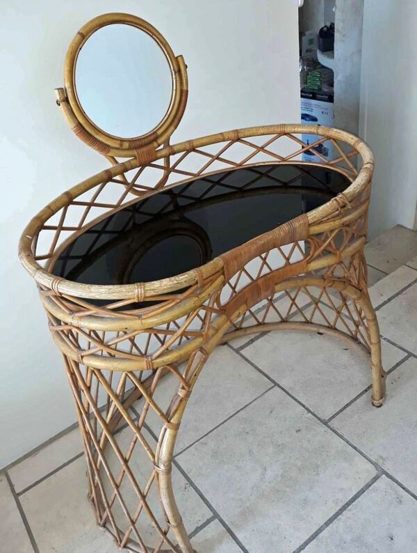 Coiffeuse en rotin vintage année 60