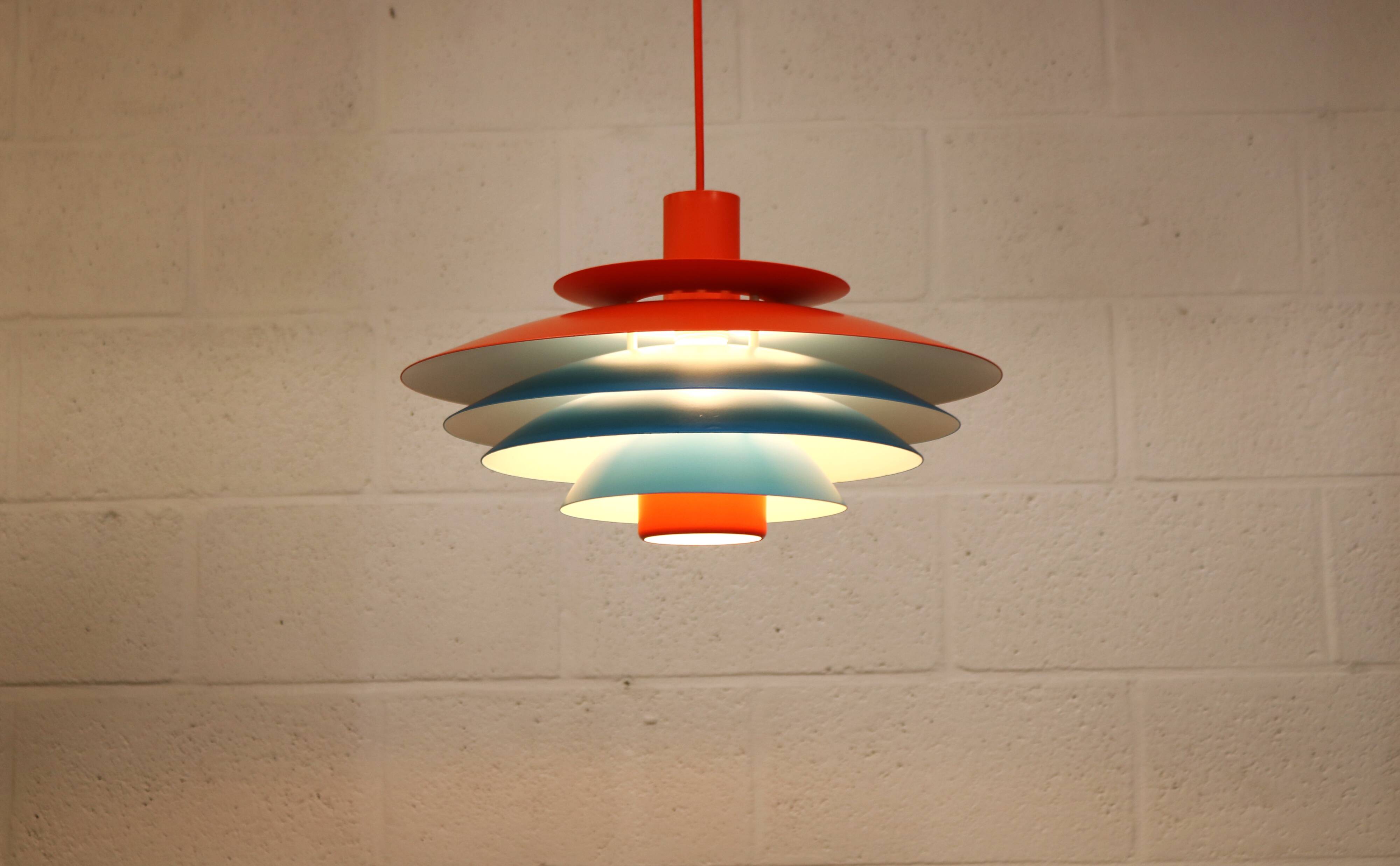 Unique blue and orange pendant lamp by Form Light model 52610, Denmark 70s.
