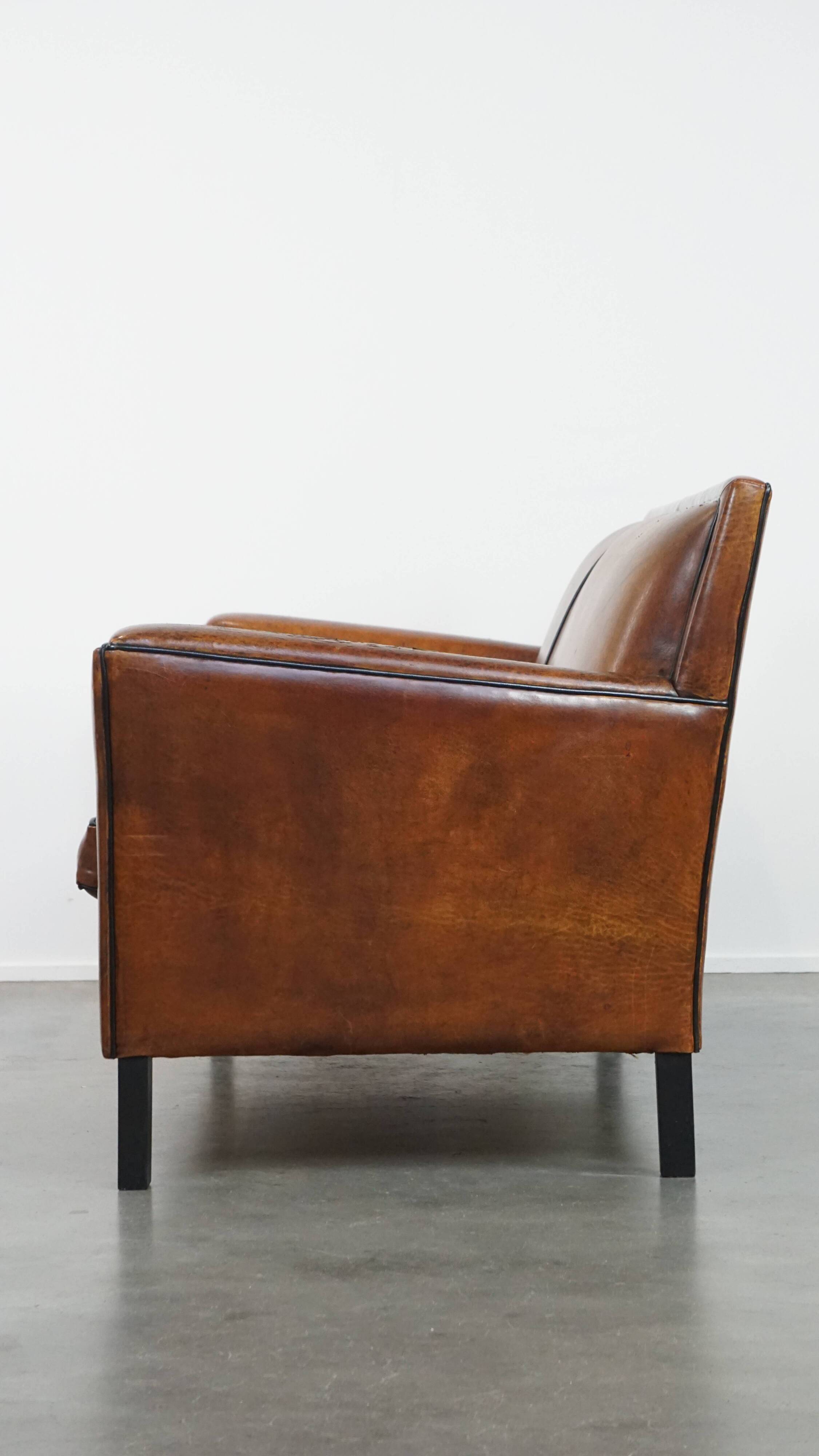 Sheepskin Leather 2-Seater Art Deco Sofa