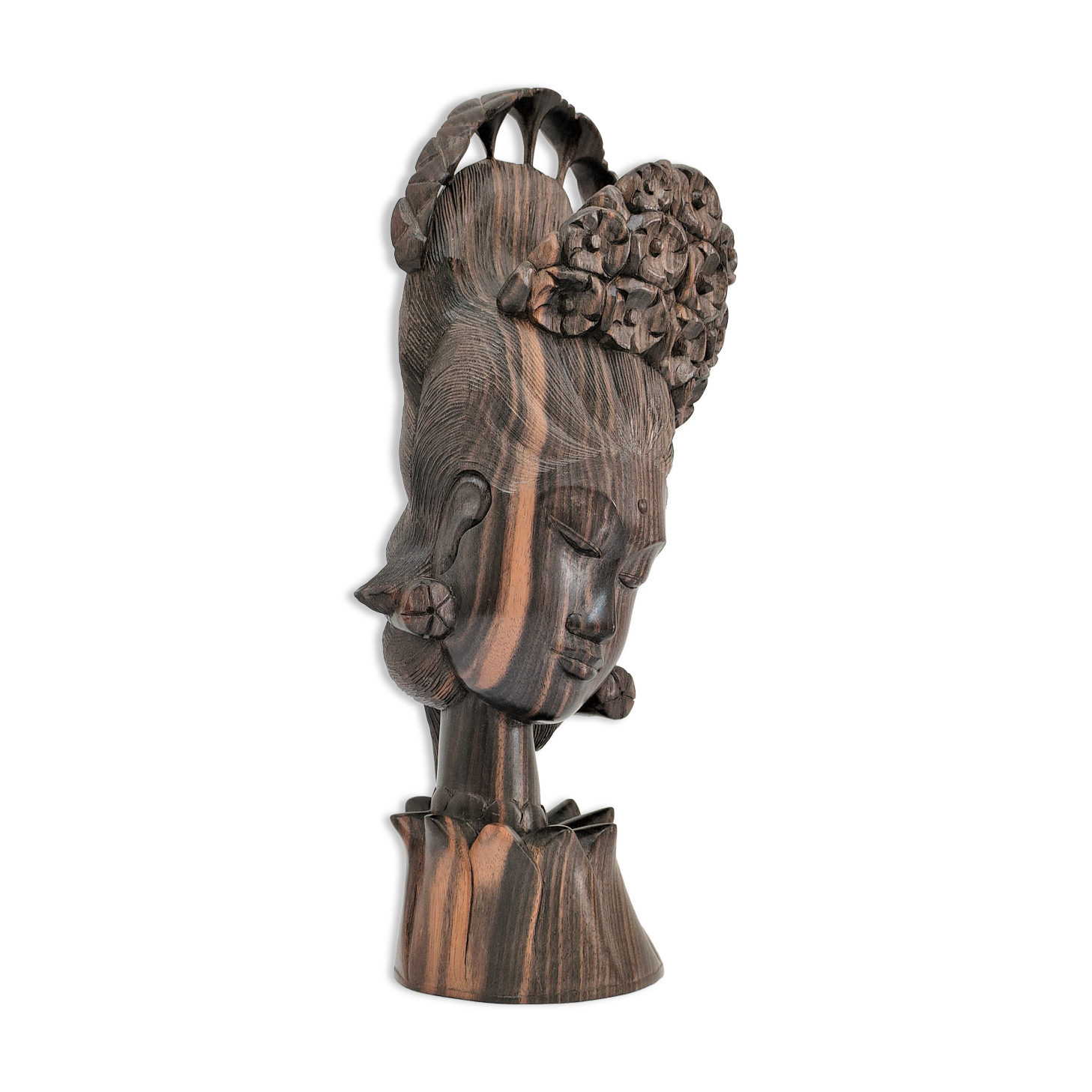 Wooden bust of woman with floral headdress sculptural work of the 60s-70s