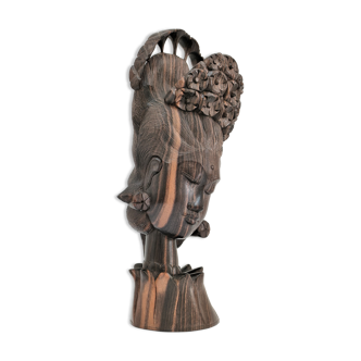 Wooden bust of woman with floral headdress sculptural work of the 60s-70s
