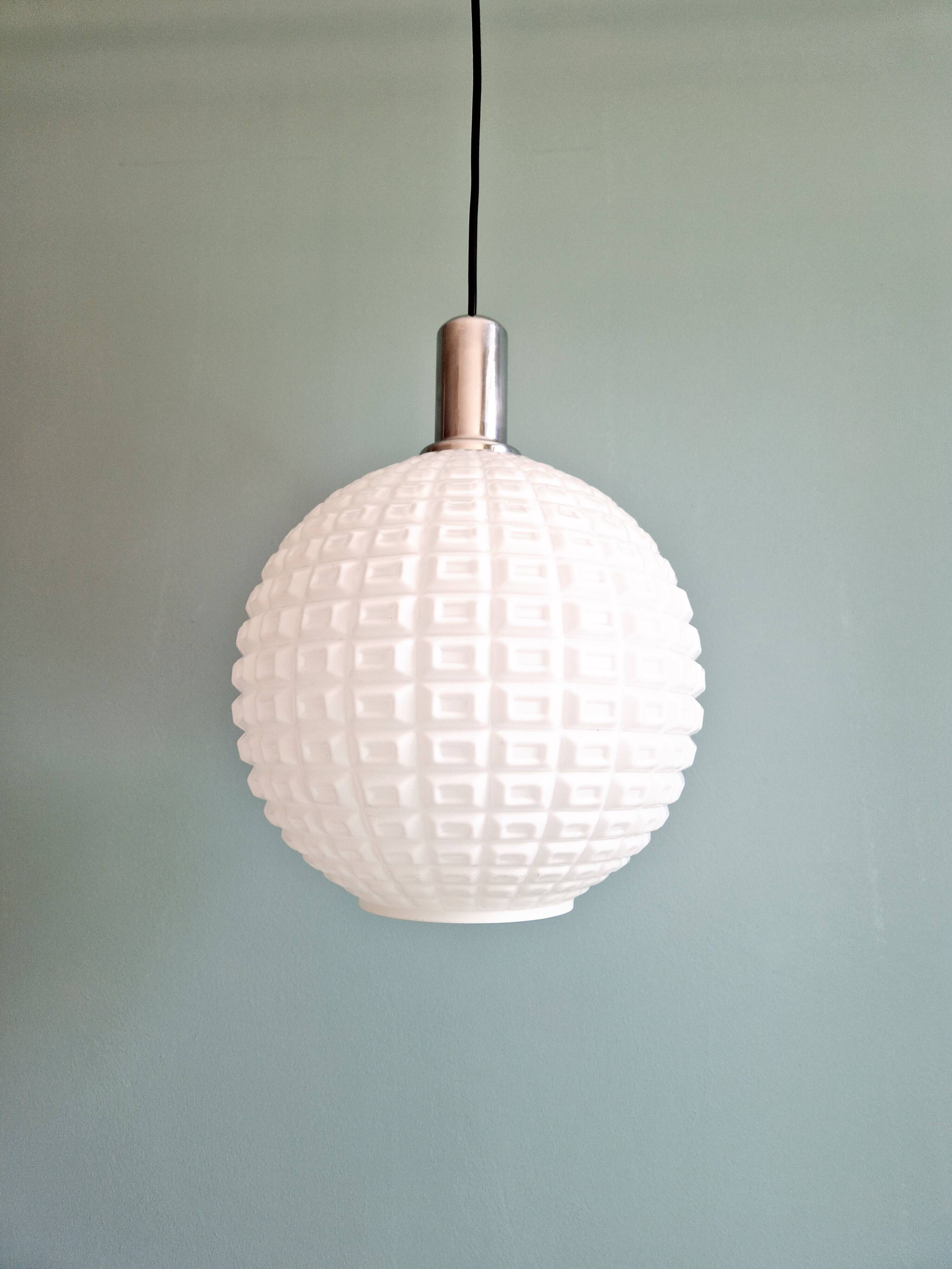 Vintage textured white opaline pendant light, 1960s-70s