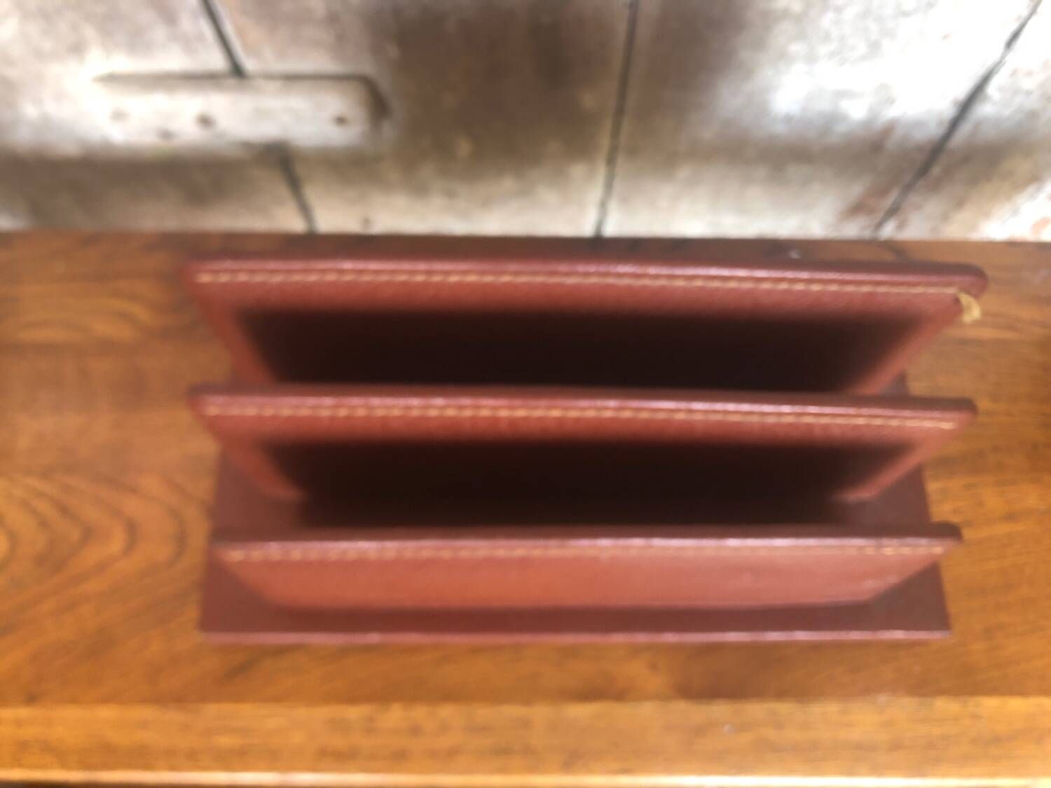 Old brown leather letter mail holder vintage office storage