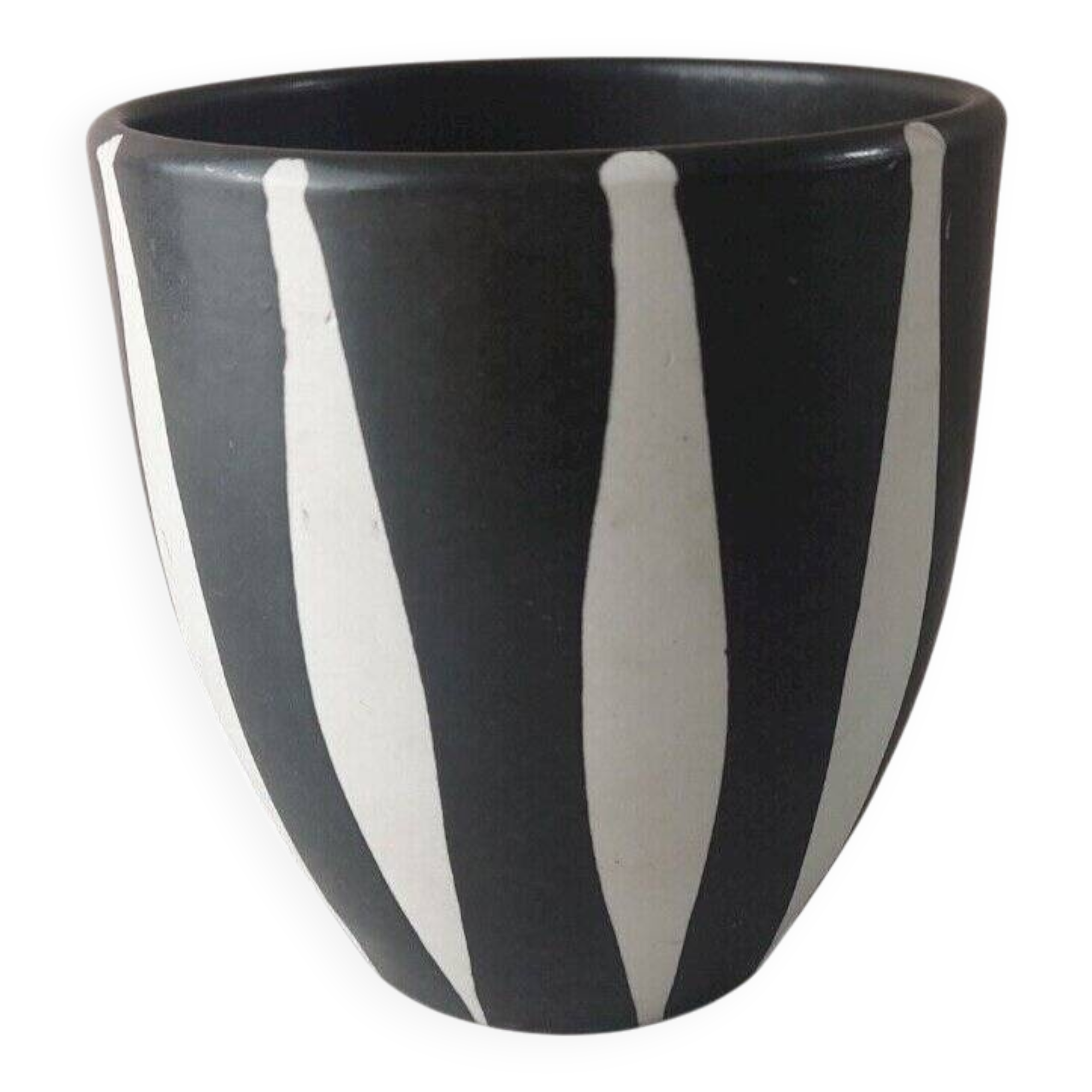 Old ceramic flowerpot, Vallauris style decor, black and white stripes, vintage