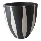 Ancien cache pot céramique, décor style Vallauris, rayé noir et blanc, vintage