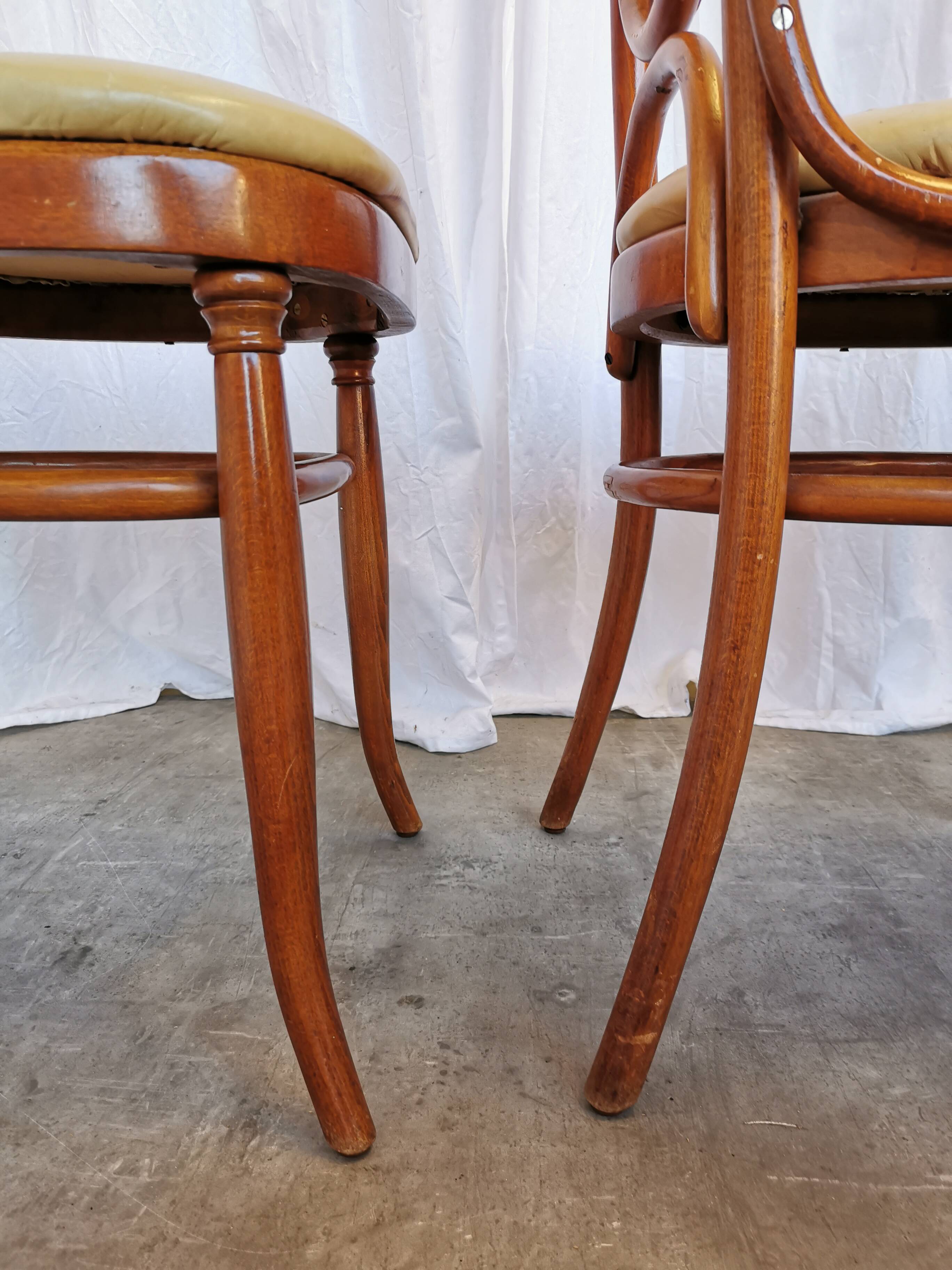 Set of 4 Vintage Bentwood Dining Chairs: Cane Back, Leather Seat, Thonet St