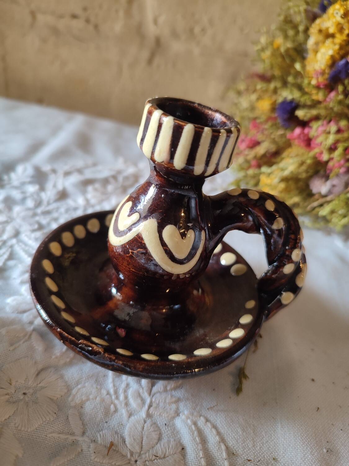 Duo of vintage ceramic candlesticks from Alsace, Obernai