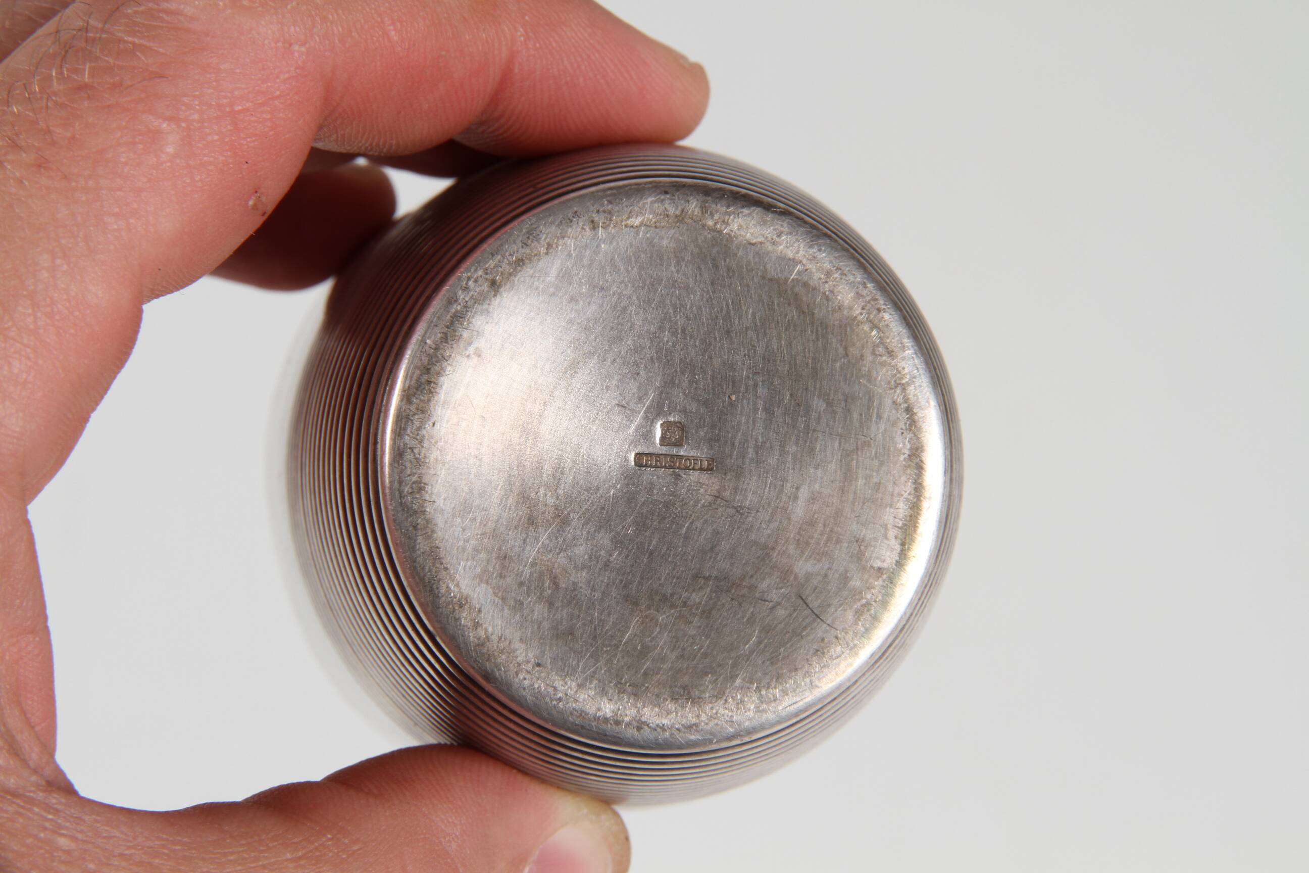 Christofle silver metal tumbler cup, Luc Lanel ripple model