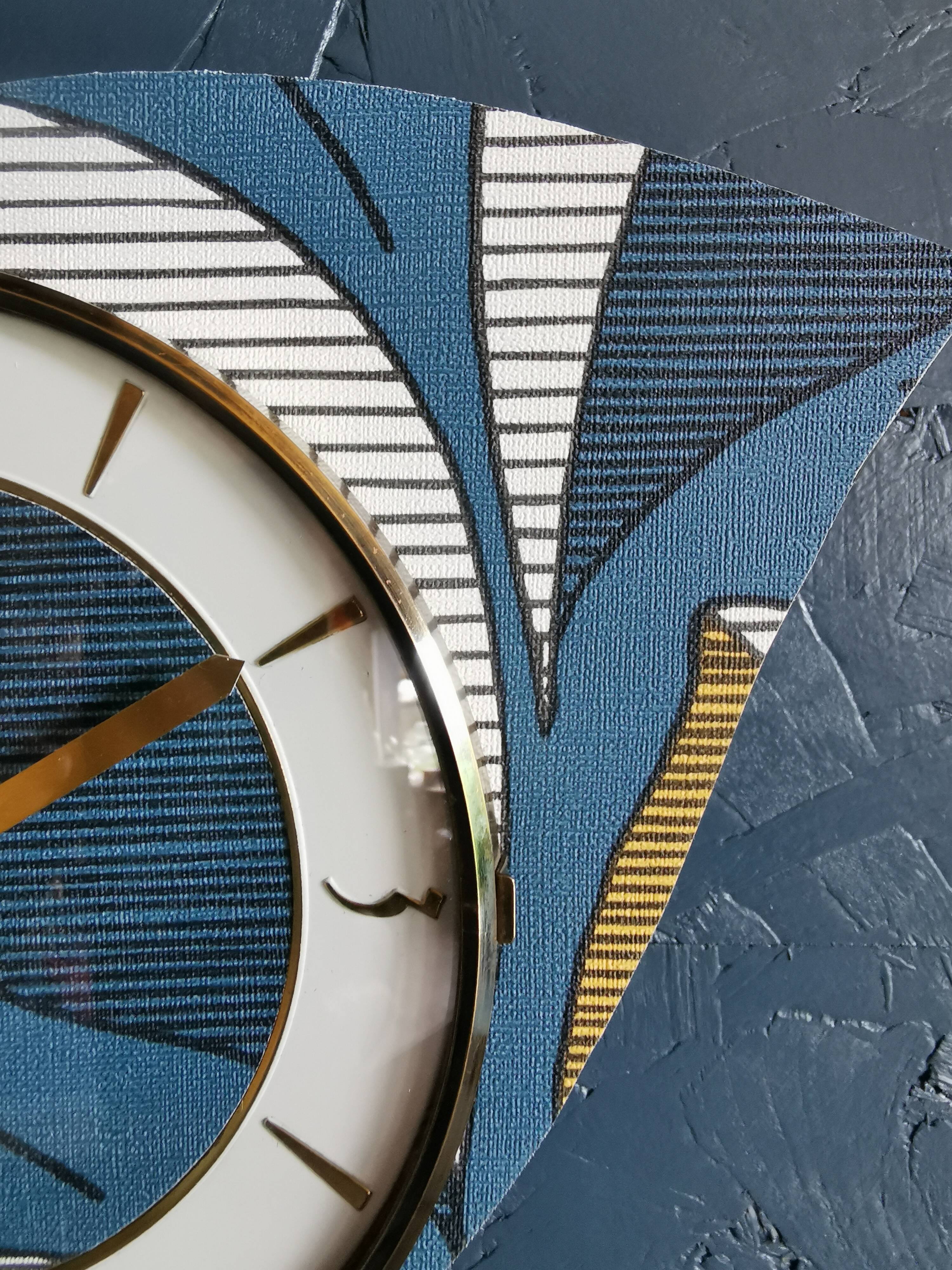 Vintage clock asymmetrical silent wall clock "Blue white ochre"