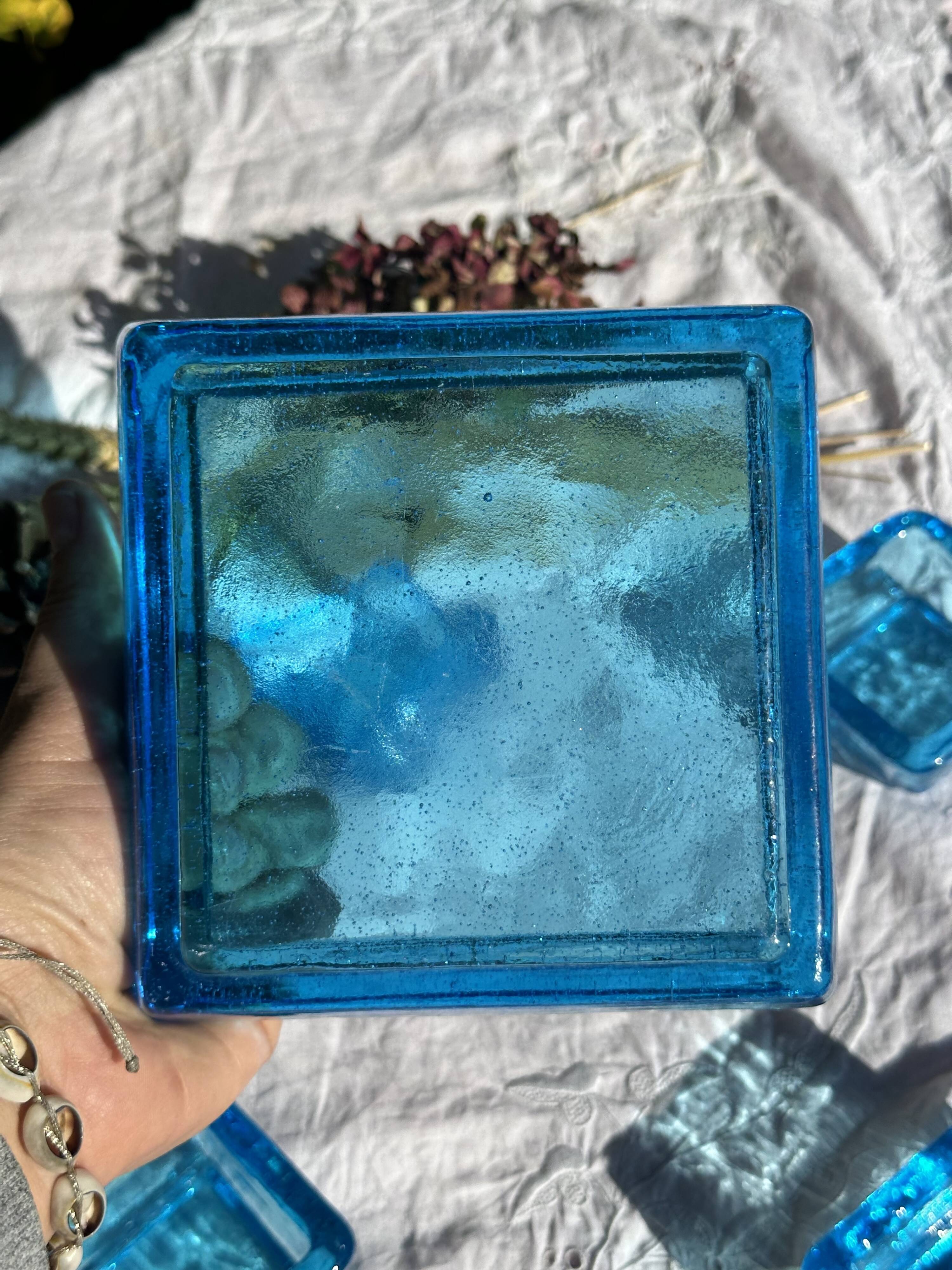 Adorable Vintage Turquoise Blue Glass Square Ashtrays and Trays