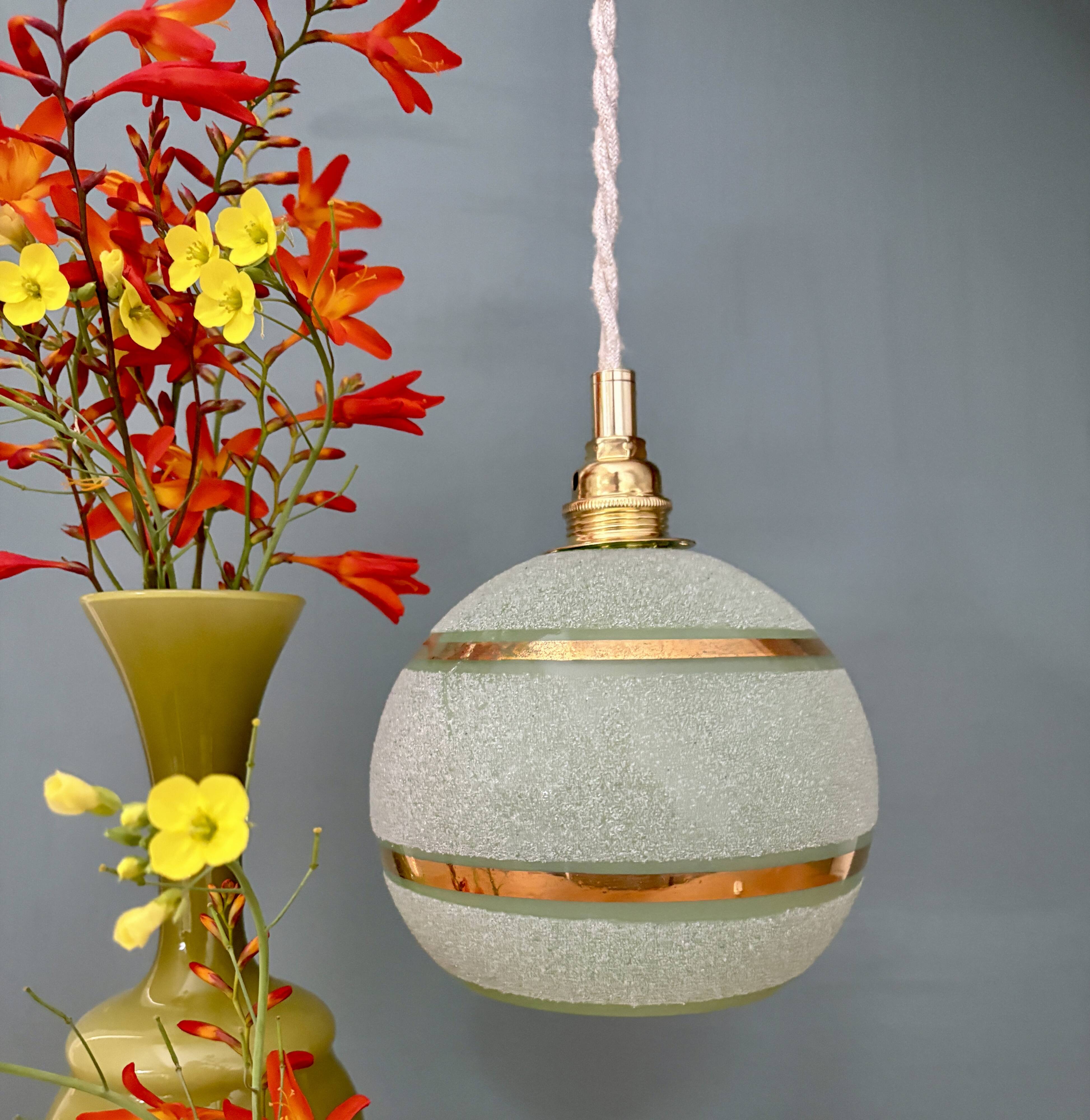 Vintage globe pendant light in green and gold granite glass