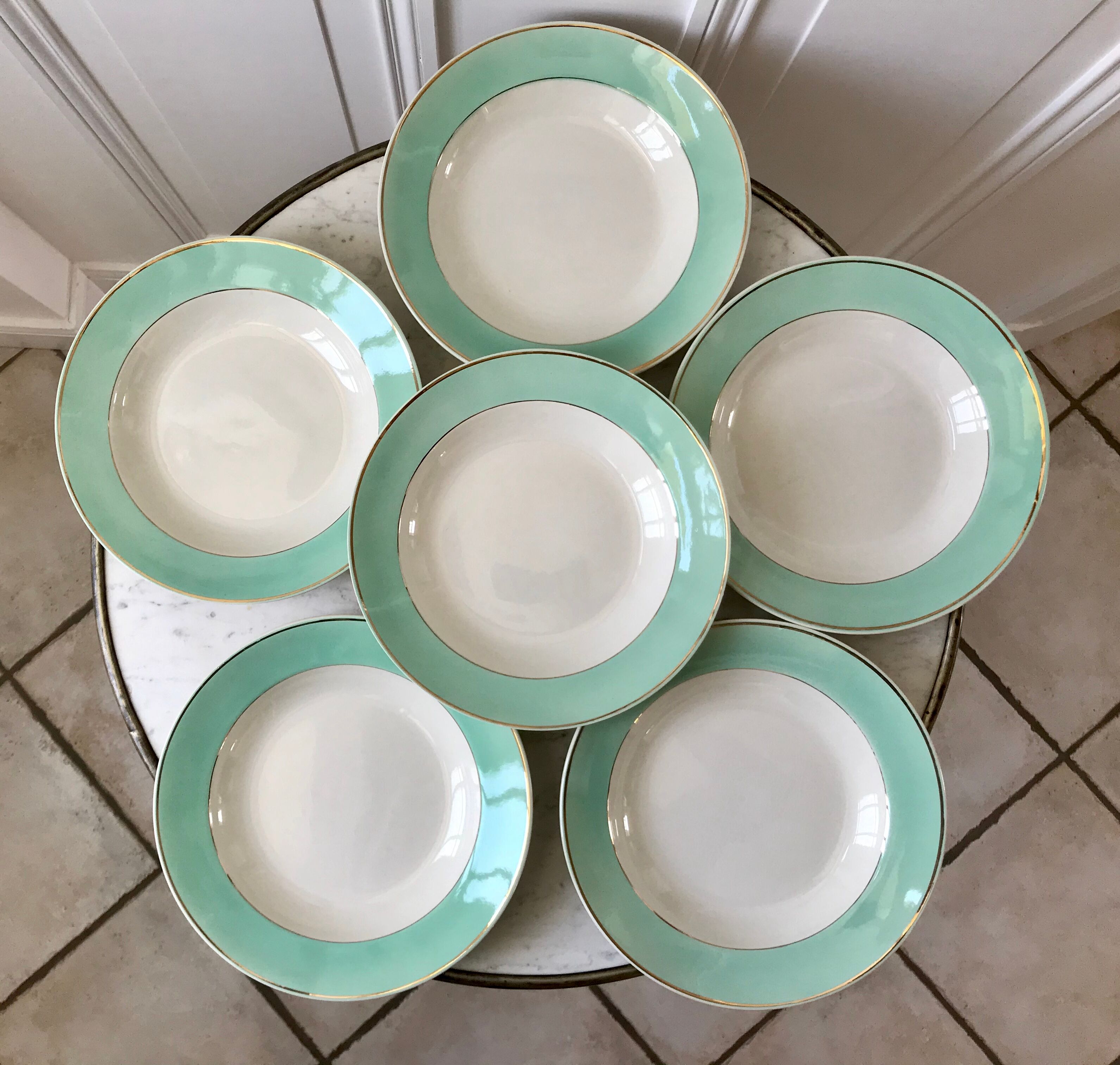 Lot de 6 assiettes creuses Longchamp couleur Céladon années 50