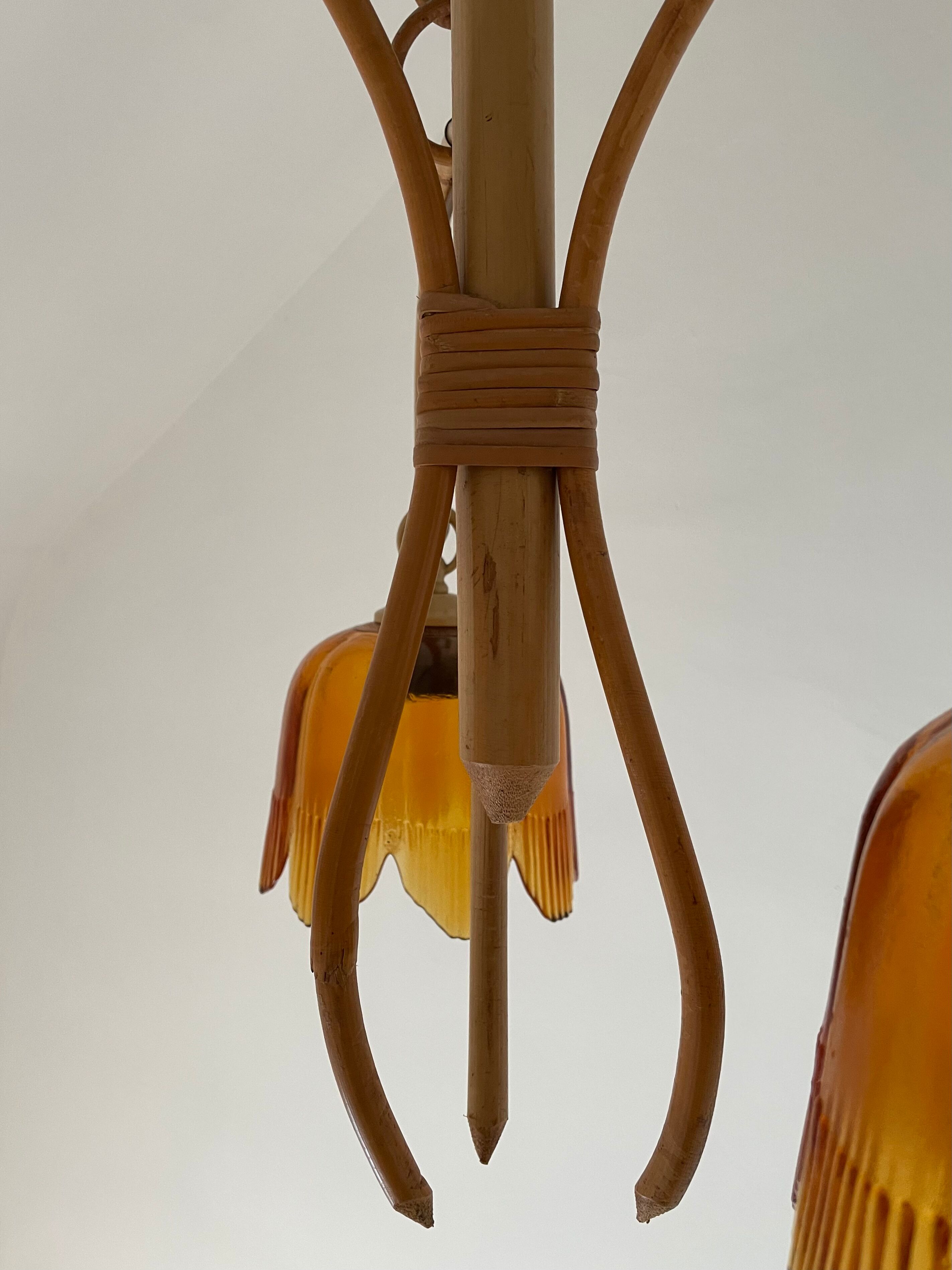 Vintage chandelier with 3 burners in rattan and bamboo