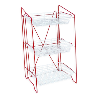 Mid Century red Tomado free standing storage rack with 3 white baskets, kitchen storage, cabinet