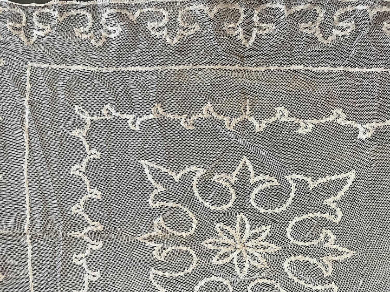 Old tablecloth embroidered with openwork embroidery.