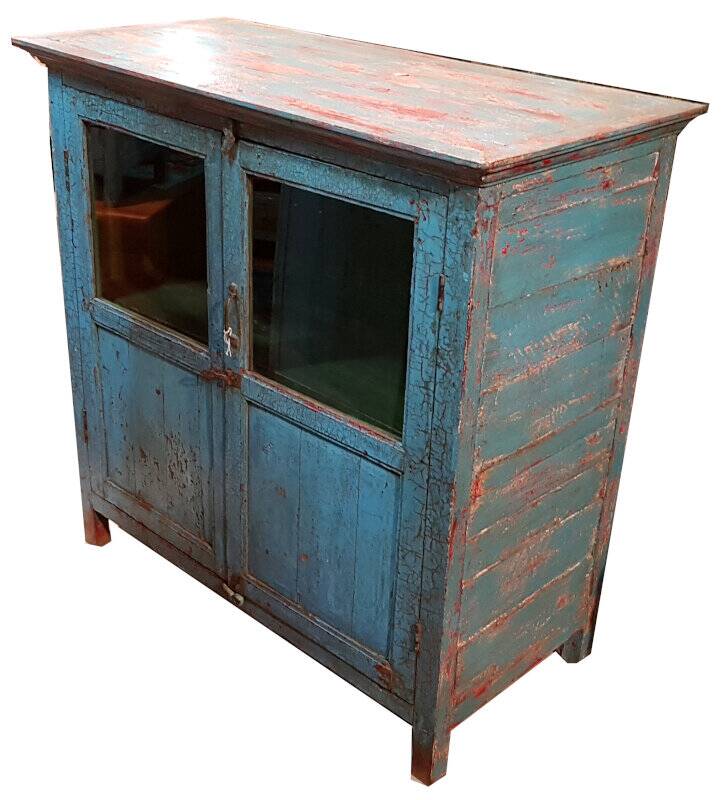 Blue and red glass sideboard with large old teak wood top